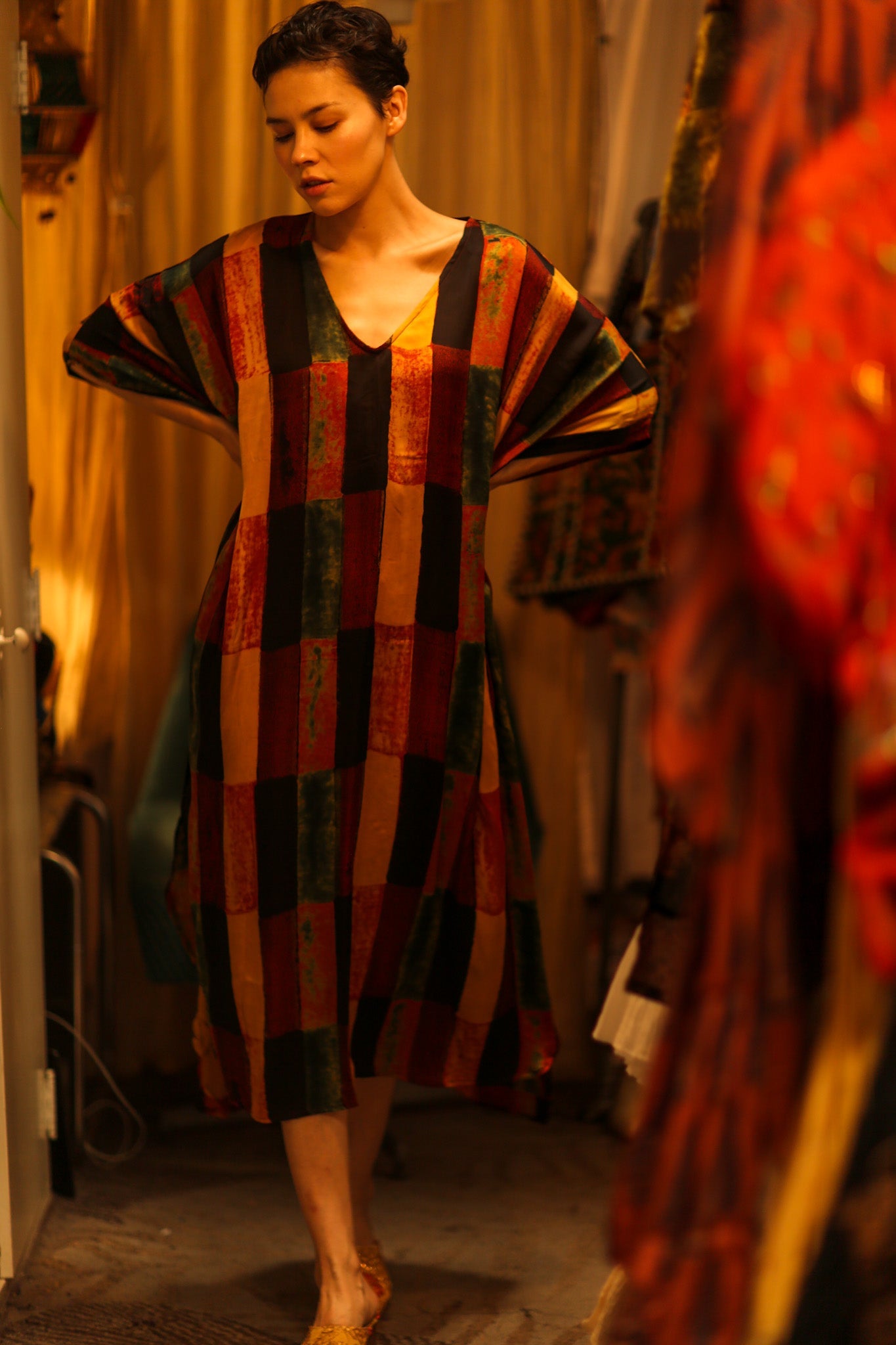 SILK HAND BLOCK PRINT KAFTAN KLARA - BANGKOK TAILOR CLOTHING STORE - HANDMADE CLOTHING