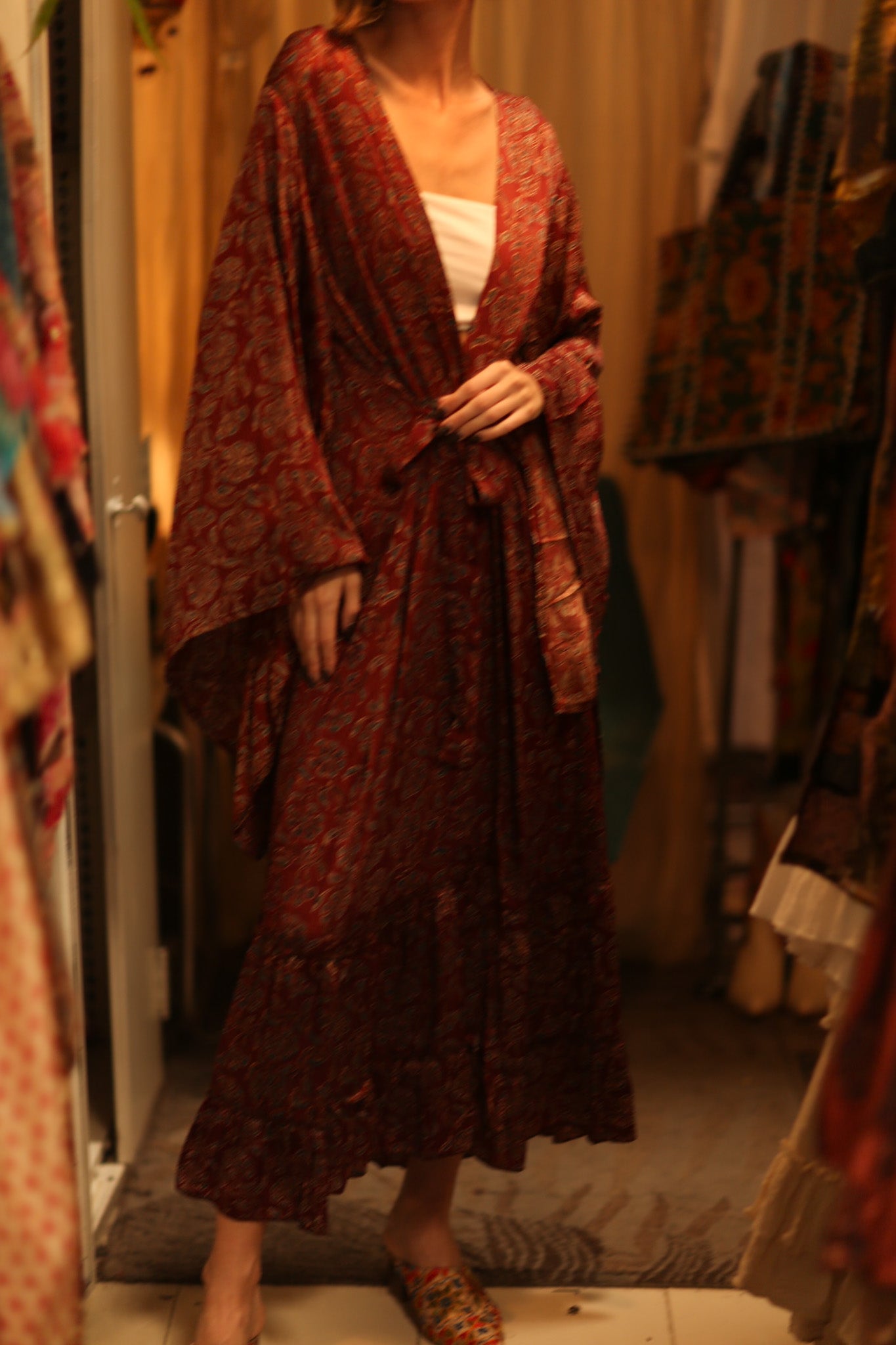 SILK HAND BLOCK PRINT KIMONO PINA BOENZA - BANGKOK TAILOR CLOTHING STORE - HANDMADE CLOTHING