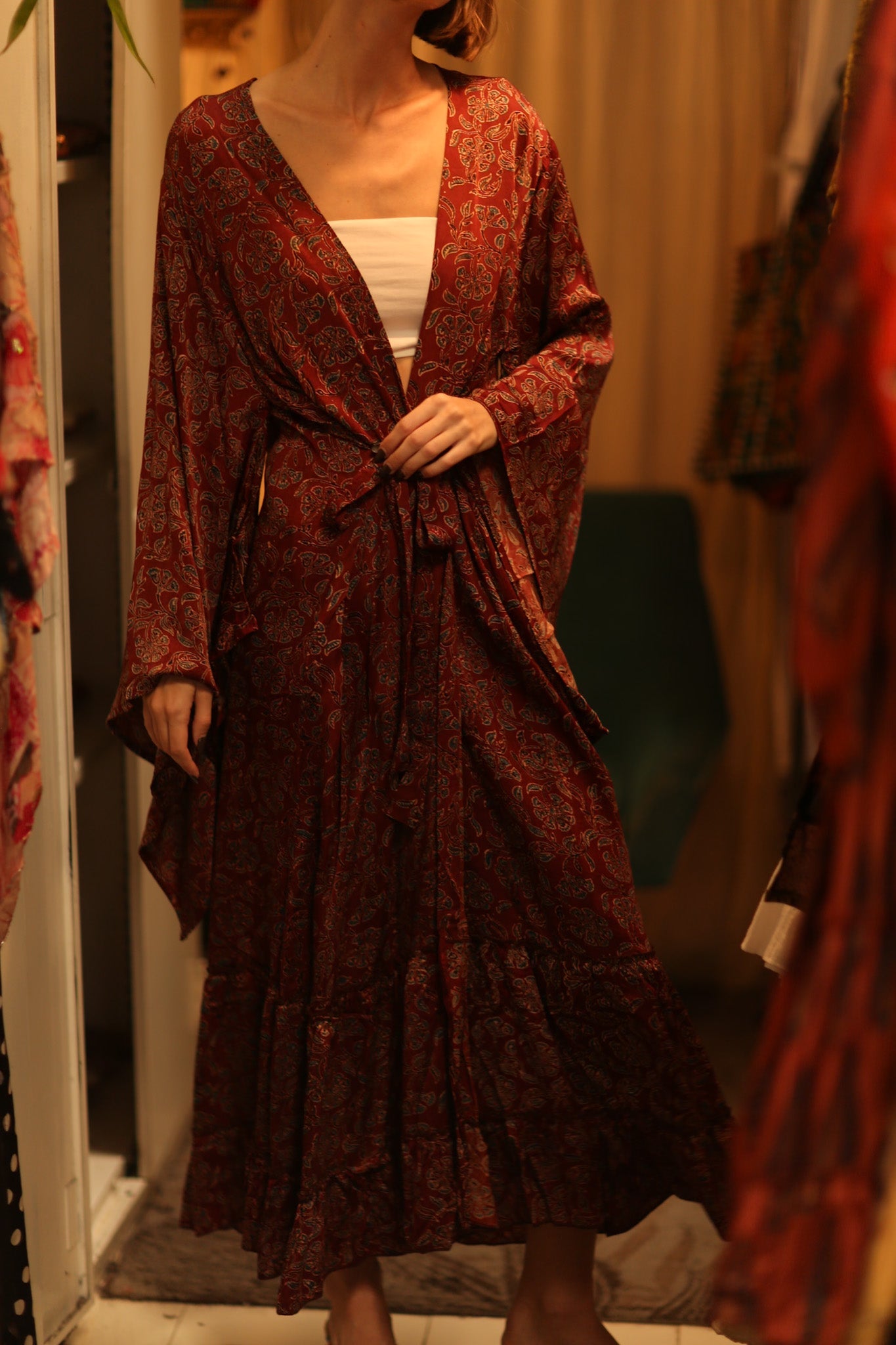 SILK HAND BLOCK PRINT KIMONO PINA BOENZA - BANGKOK TAILOR CLOTHING STORE - HANDMADE CLOTHING