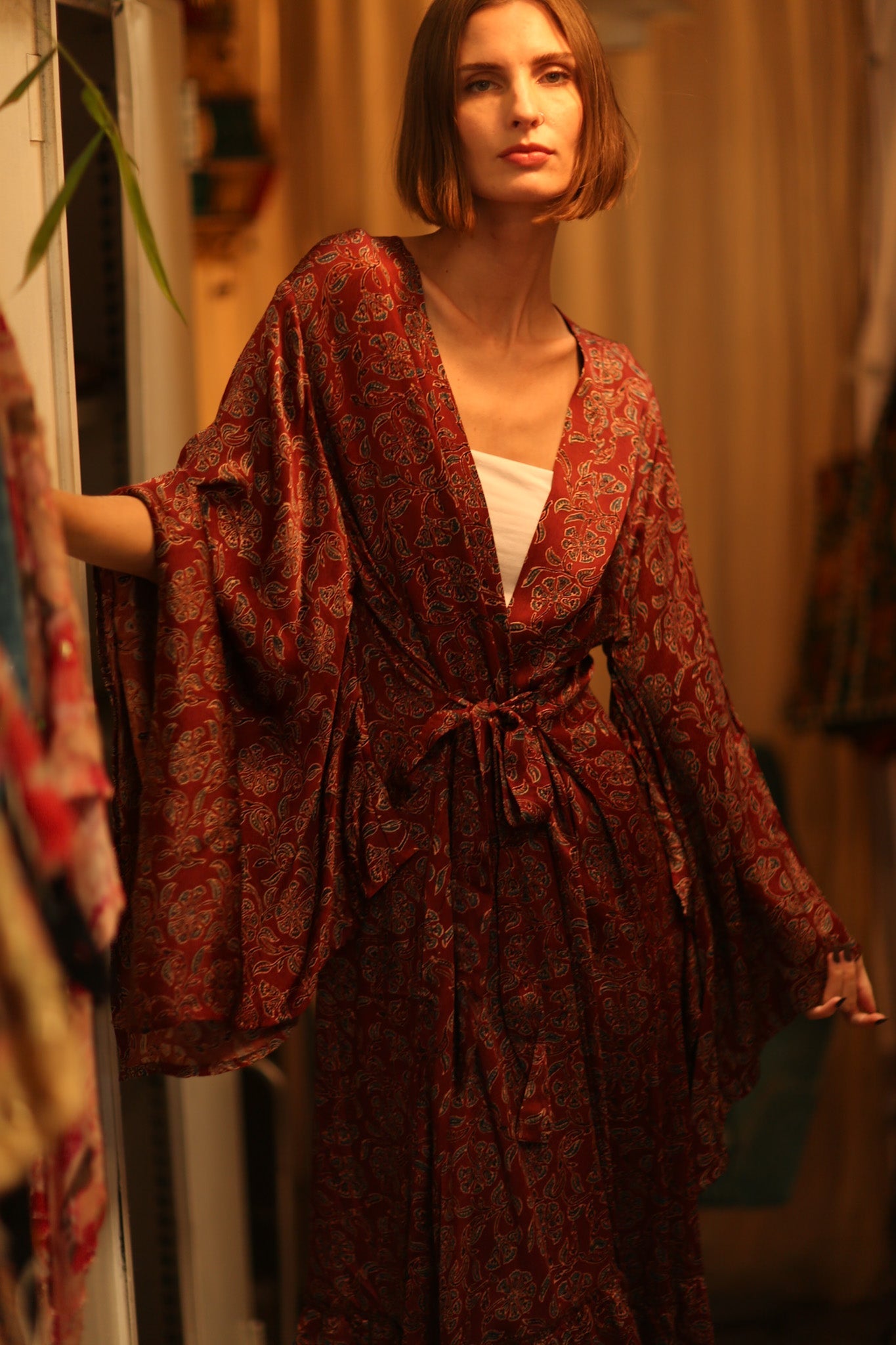 SILK HAND BLOCK PRINT KIMONO PINA BOENZA - BANGKOK TAILOR CLOTHING STORE - HANDMADE CLOTHING