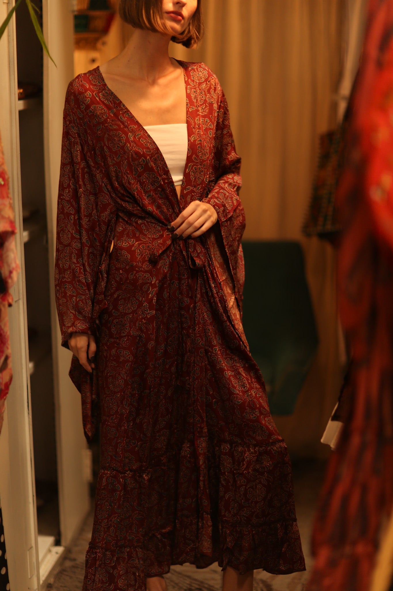 SILK HAND BLOCK PRINT KIMONO PINA BOENZA - BANGKOK TAILOR CLOTHING STORE - HANDMADE CLOTHING