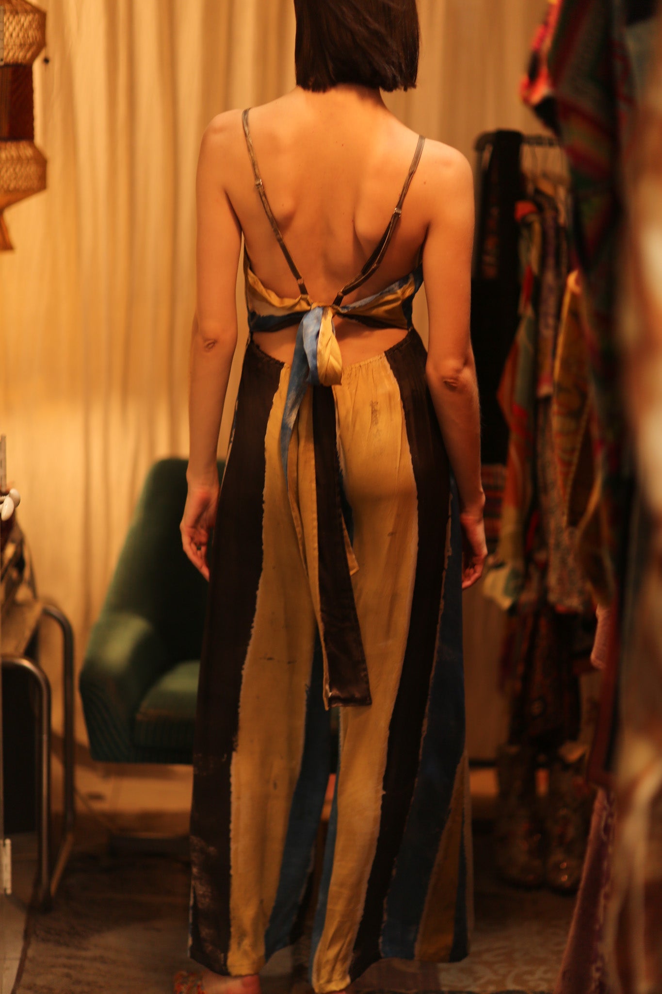SILK JUMPSUIT NEIS BLUE BROWN STRIPE - BANGKOK TAILOR CLOTHING STORE - HANDMADE CLOTHING