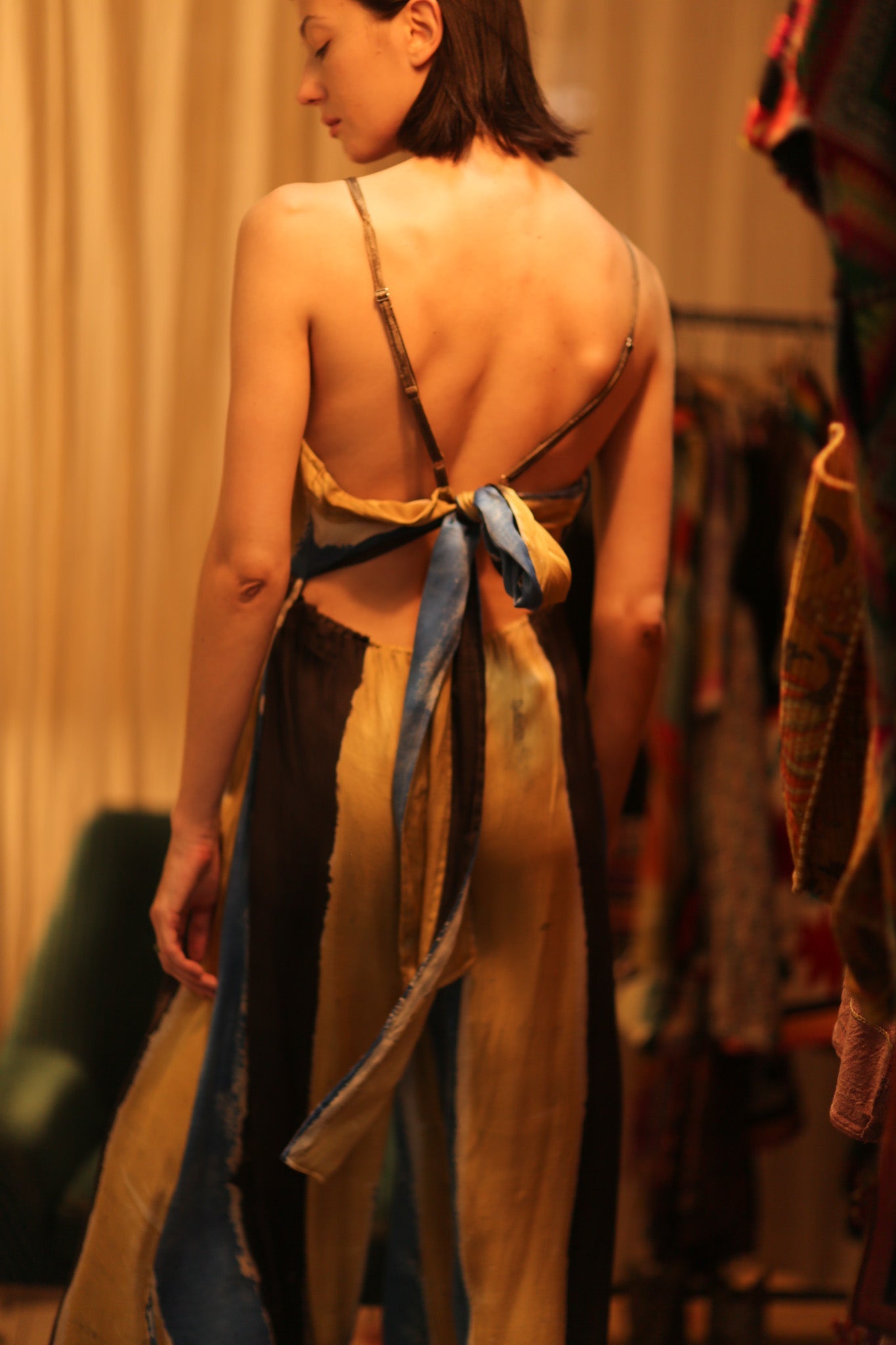 SILK JUMPSUIT NEIS BLUE BROWN STRIPE - BANGKOK TAILOR CLOTHING STORE - HANDMADE CLOTHING