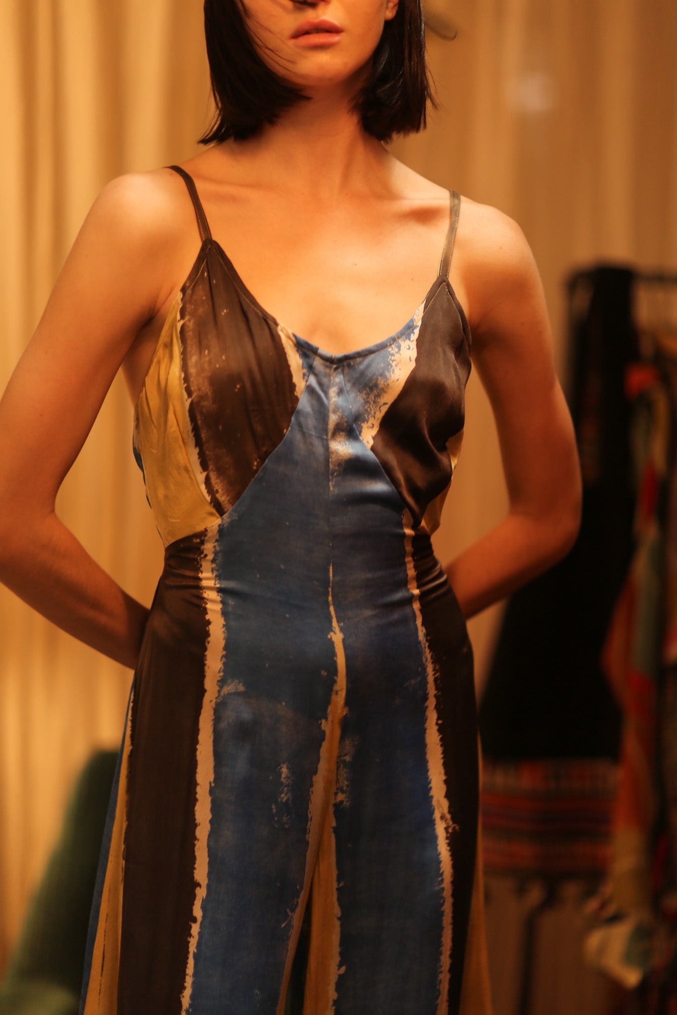 SILK JUMPSUIT NEIS BLUE BROWN STRIPE - BANGKOK TAILOR CLOTHING STORE - HANDMADE CLOTHING