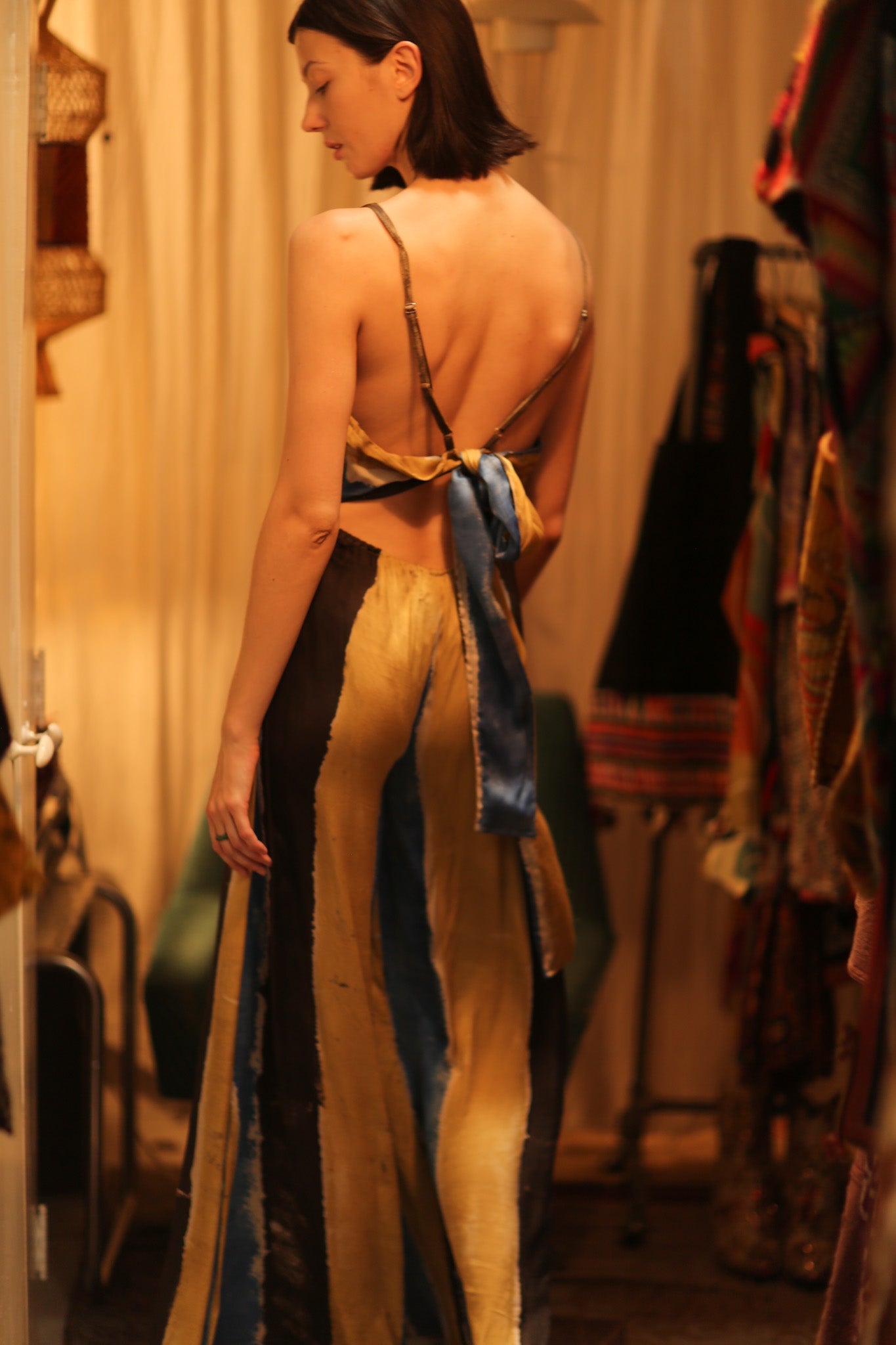 SILK JUMPSUIT NEIS BLUE BROWN STRIPE - BANGKOK TAILOR CLOTHING STORE - HANDMADE CLOTHING