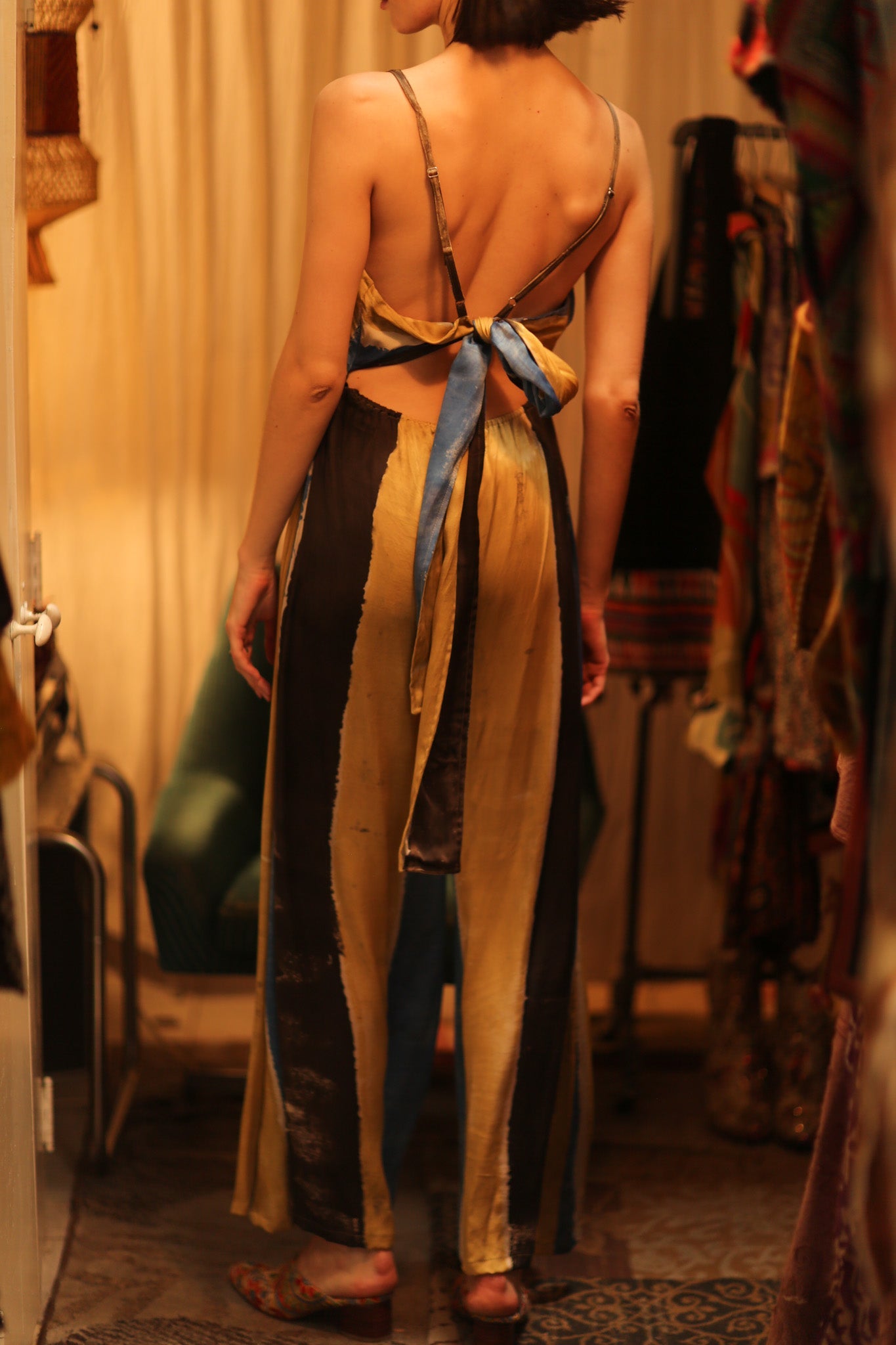 SILK JUMPSUIT NEIS BLUE BROWN STRIPE - BANGKOK TAILOR CLOTHING STORE - HANDMADE CLOTHING