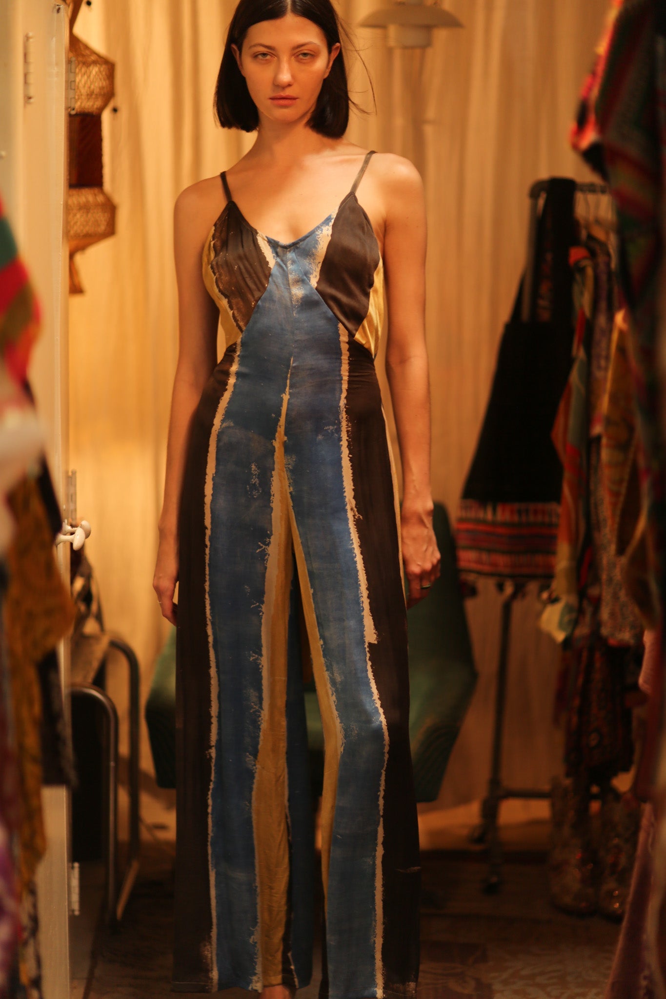 SILK JUMPSUIT NEIS BLUE BROWN STRIPE - BANGKOK TAILOR CLOTHING STORE - HANDMADE CLOTHING