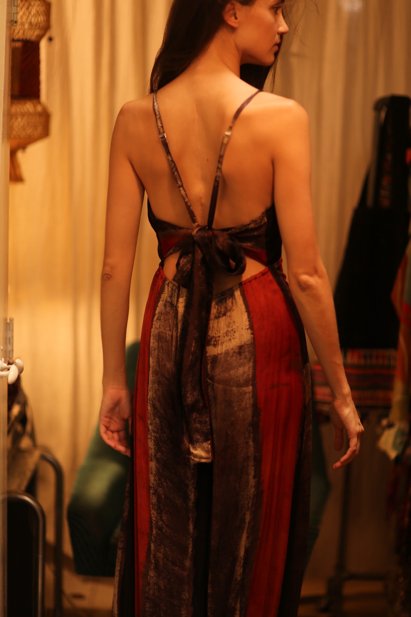SILK JUMPSUIT NEIS RED BROWN STRIPE - BANGKOK TAILOR CLOTHING STORE - HANDMADE CLOTHING