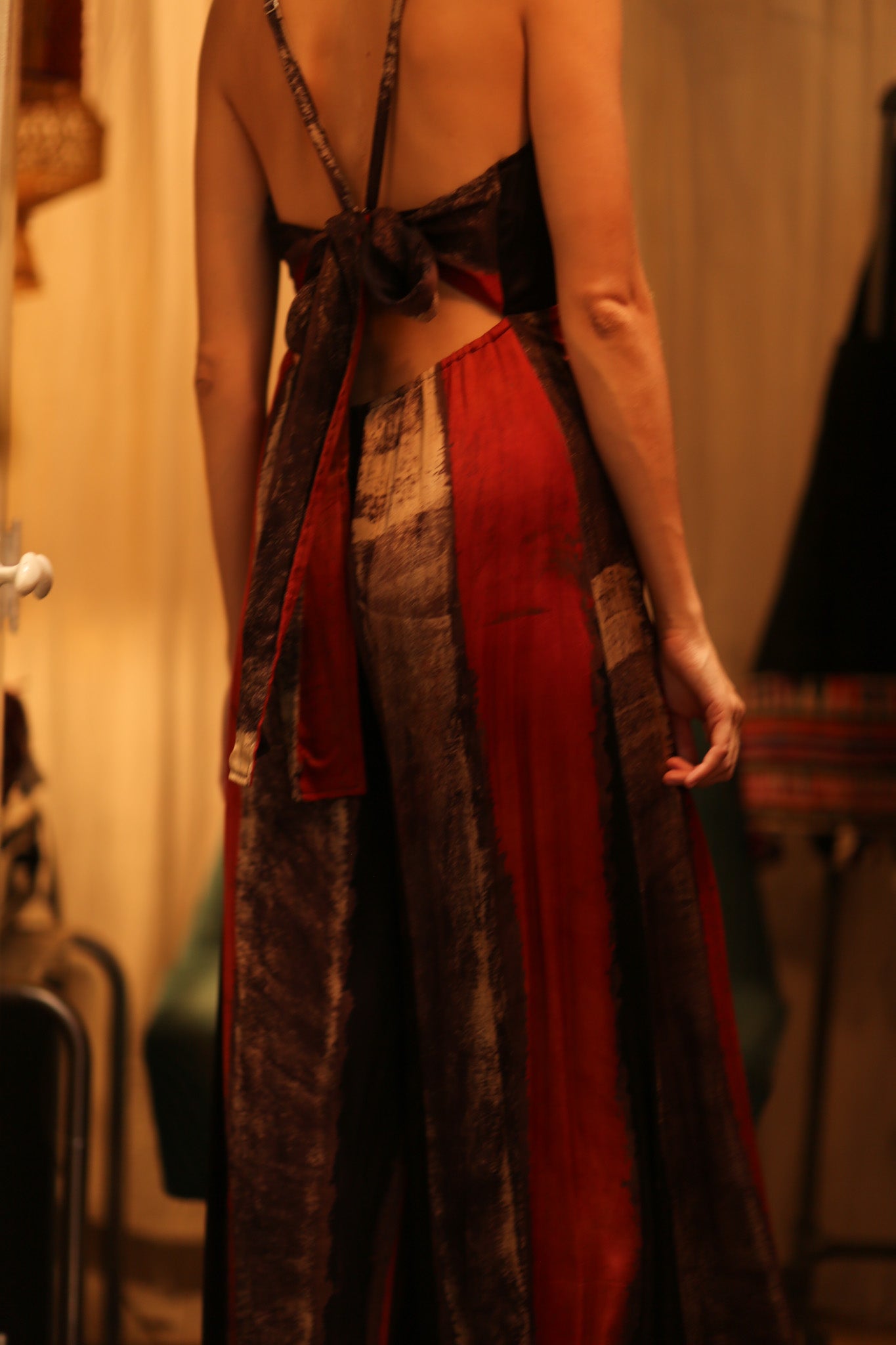 SILK JUMPSUIT NEIS RED BROWN STRIPE - BANGKOK TAILOR CLOTHING STORE - HANDMADE CLOTHING