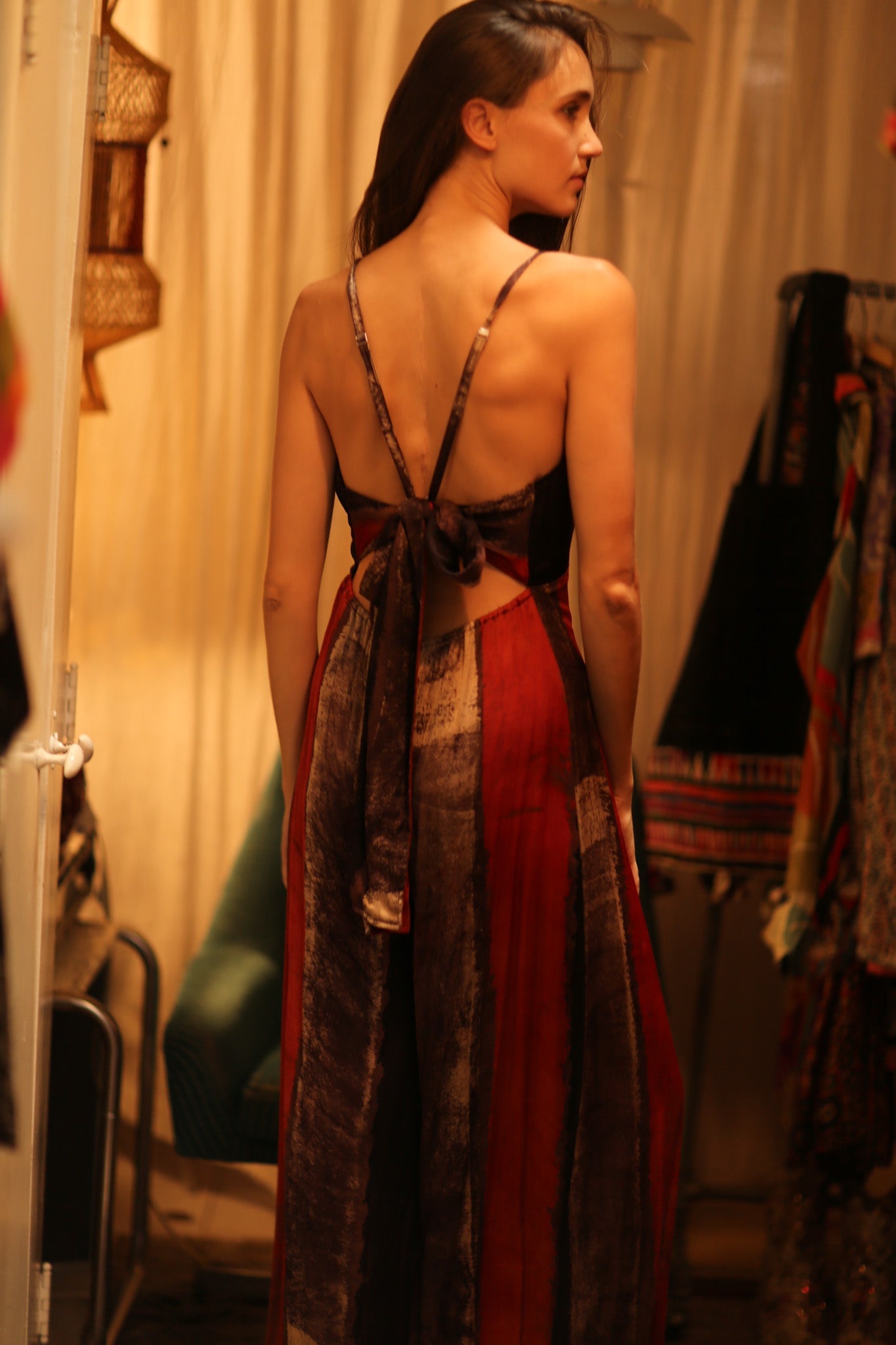 SILK JUMPSUIT NEIS RED BROWN STRIPE - BANGKOK TAILOR CLOTHING STORE - HANDMADE CLOTHING