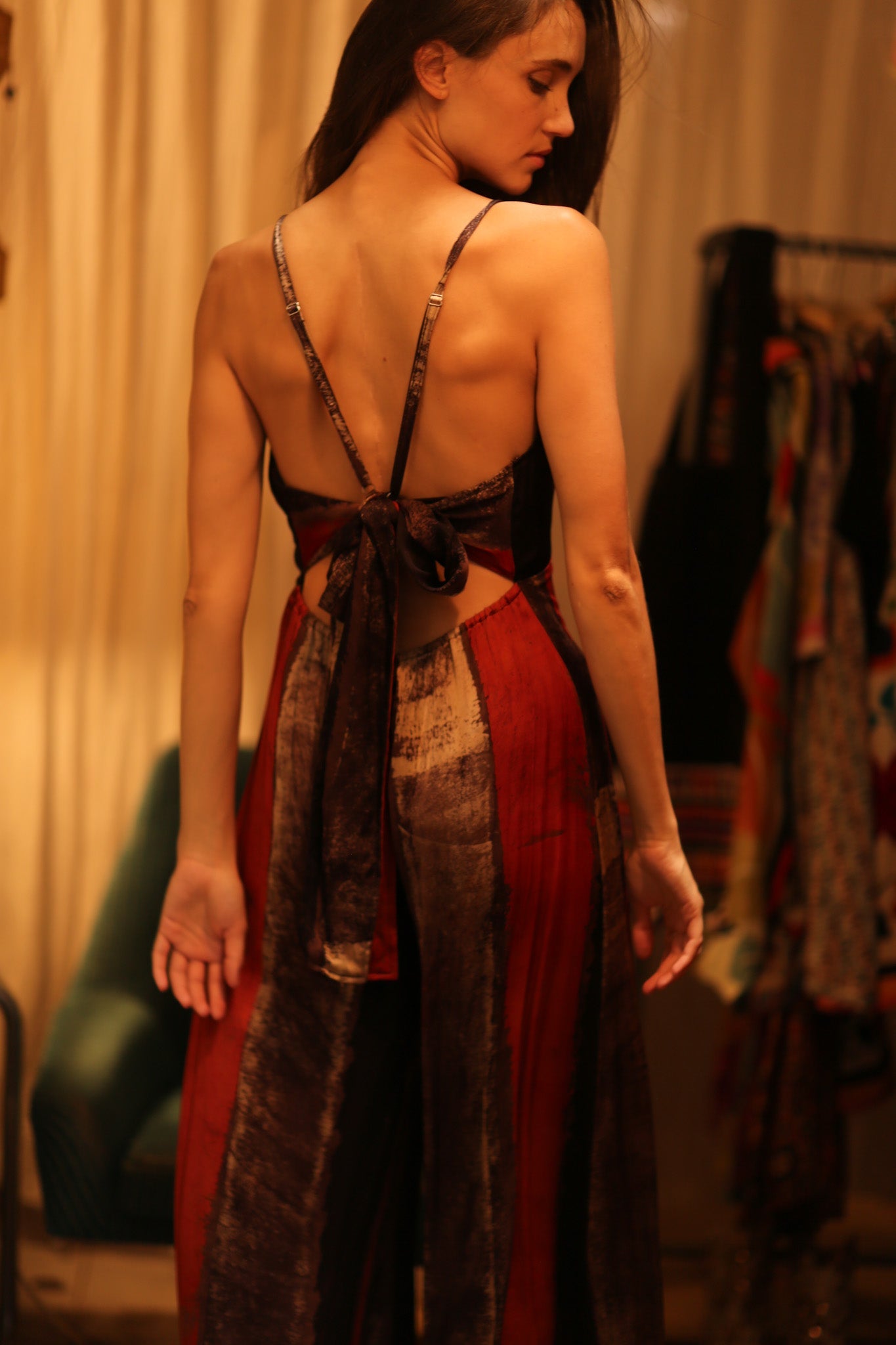 SILK JUMPSUIT NEIS RED BROWN STRIPE - BANGKOK TAILOR CLOTHING STORE - HANDMADE CLOTHING