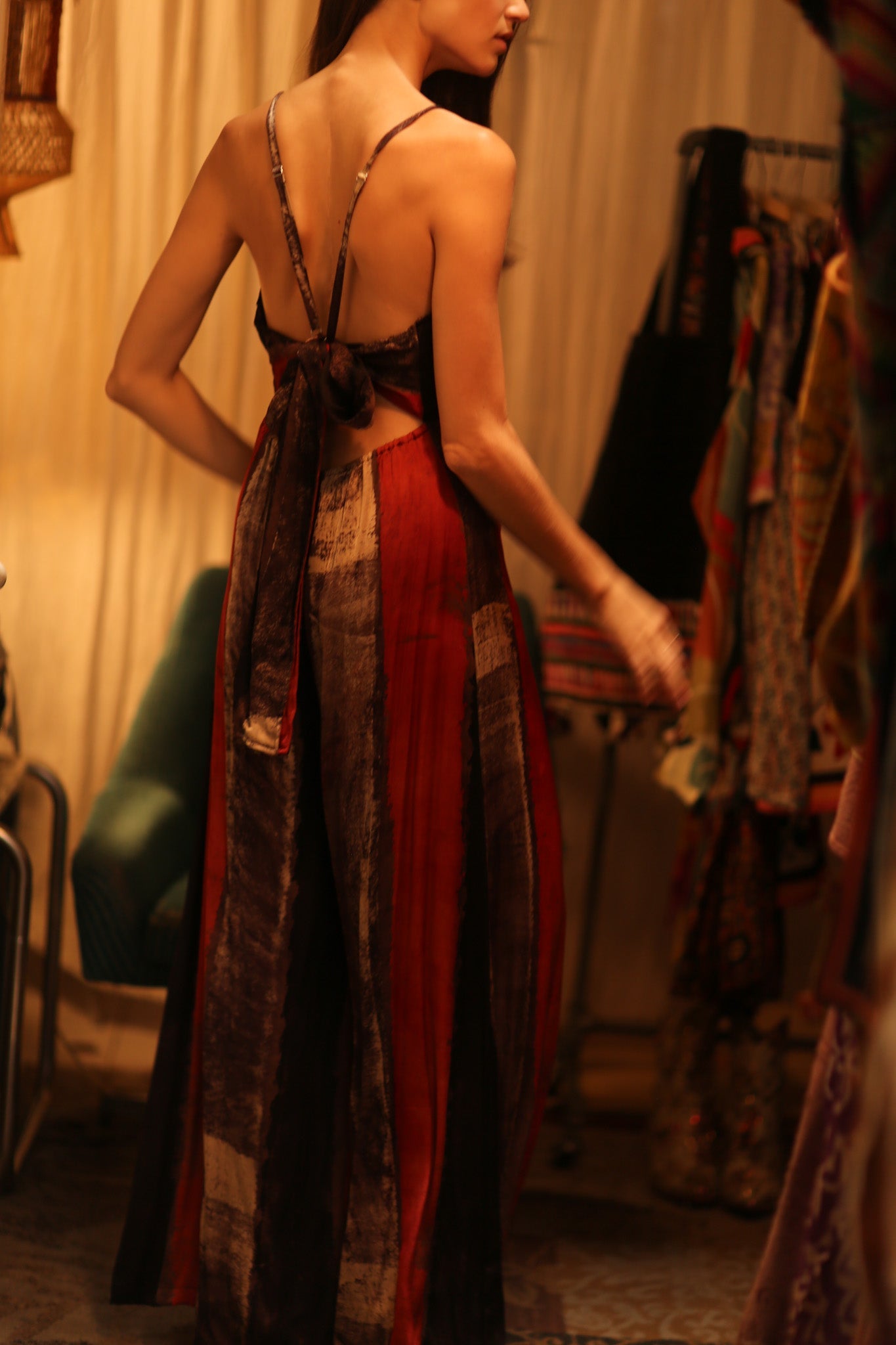 SILK JUMPSUIT NEIS RED BROWN STRIPE - BANGKOK TAILOR CLOTHING STORE - HANDMADE CLOTHING