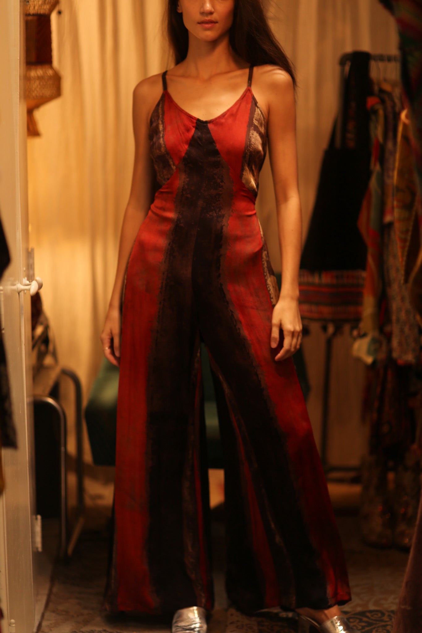 SILK JUMPSUIT NEIS RED BROWN STRIPE - BANGKOK TAILOR CLOTHING STORE - HANDMADE CLOTHING