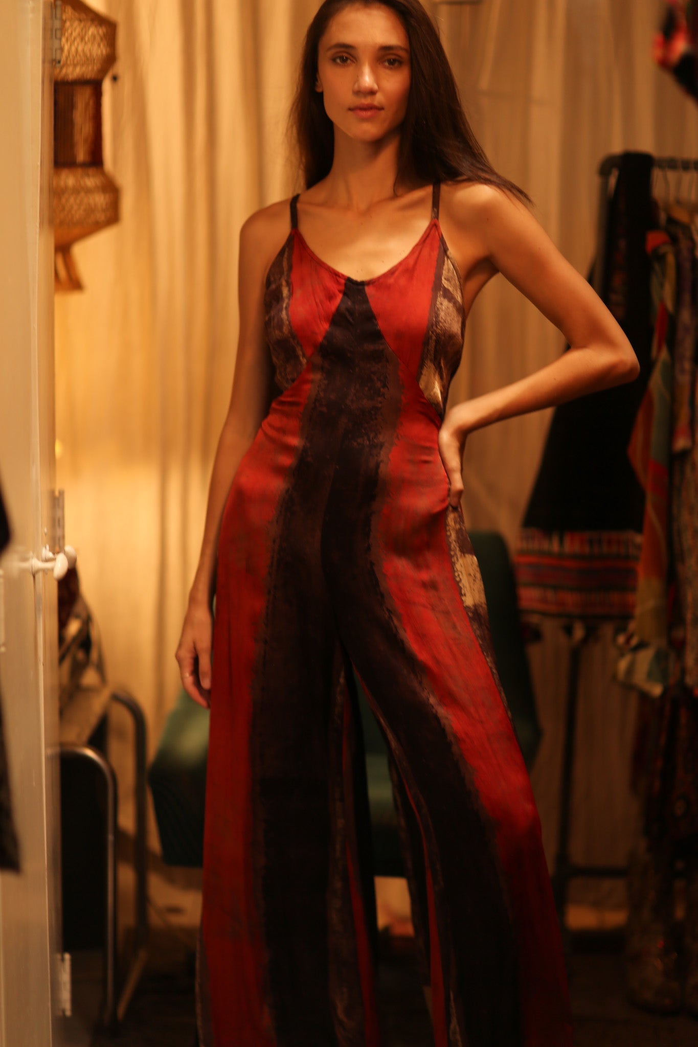 SILK JUMPSUIT NEIS RED BROWN STRIPE - BANGKOK TAILOR CLOTHING STORE - HANDMADE CLOTHING