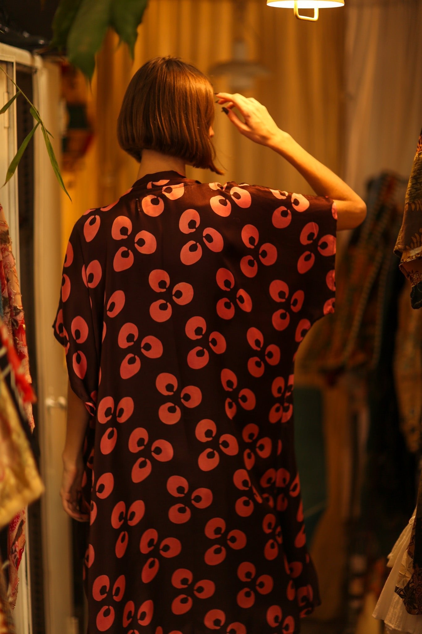 SILK KIMONO BROWN LITTLE PINK FLOWER - BANGKOK TAILOR CLOTHING STORE - HANDMADE CLOTHING