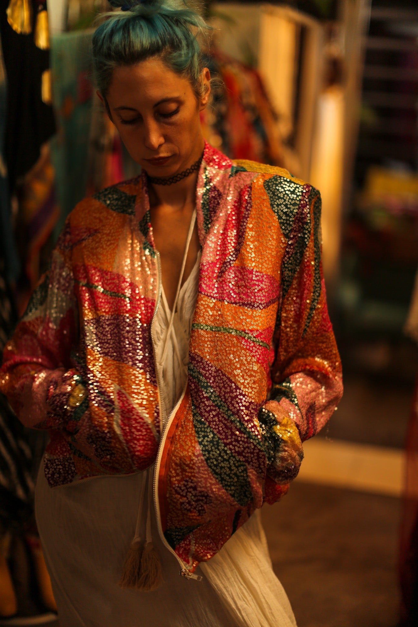 SILK SEQUIN EMBROIDERED BOMBER JACKET BANOU - BANGKOK TAILOR CLOTHING STORE - HANDMADE CLOTHING