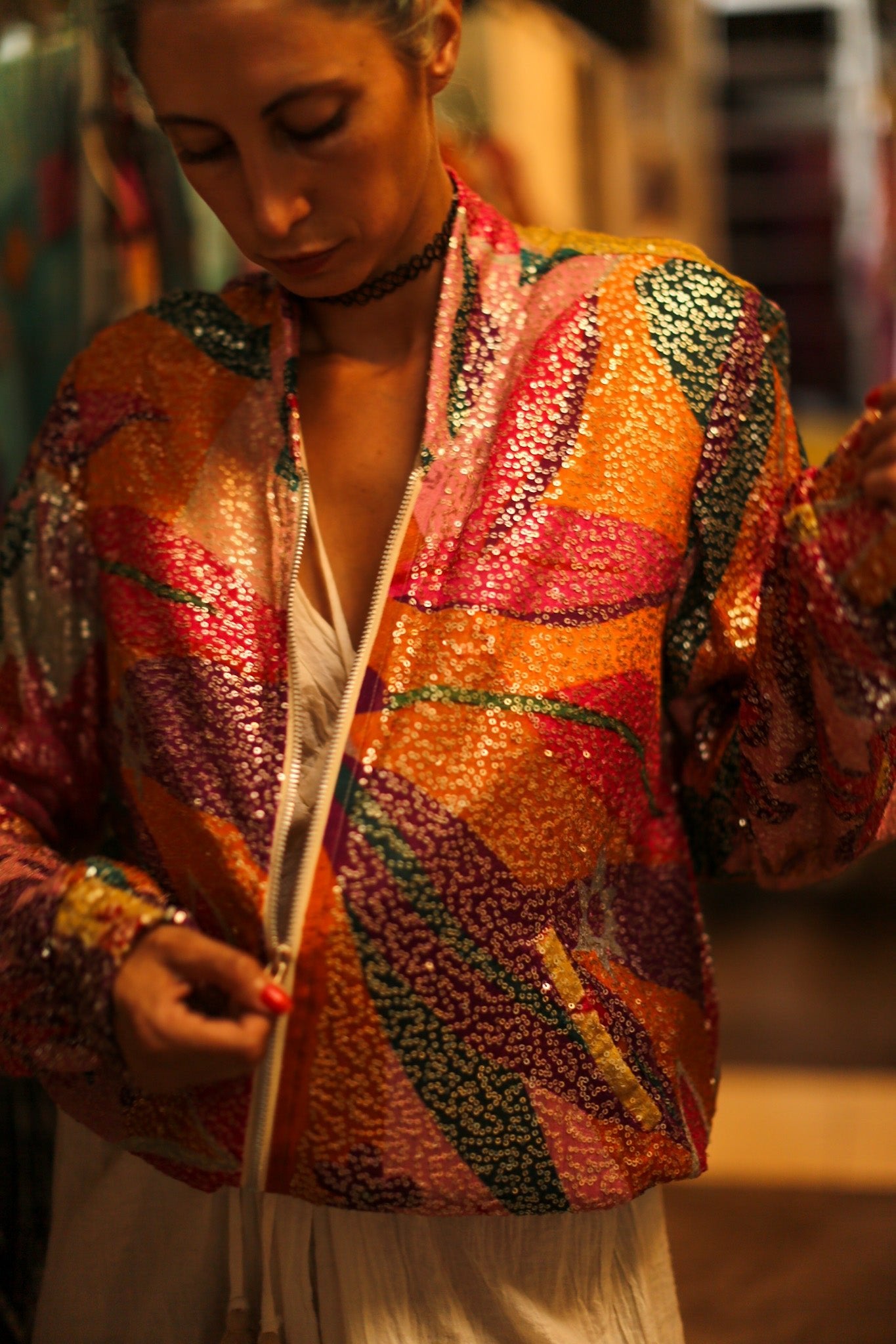 SILK SEQUIN EMBROIDERED BOMBER JACKET BANOU - BANGKOK TAILOR CLOTHING STORE - HANDMADE CLOTHING