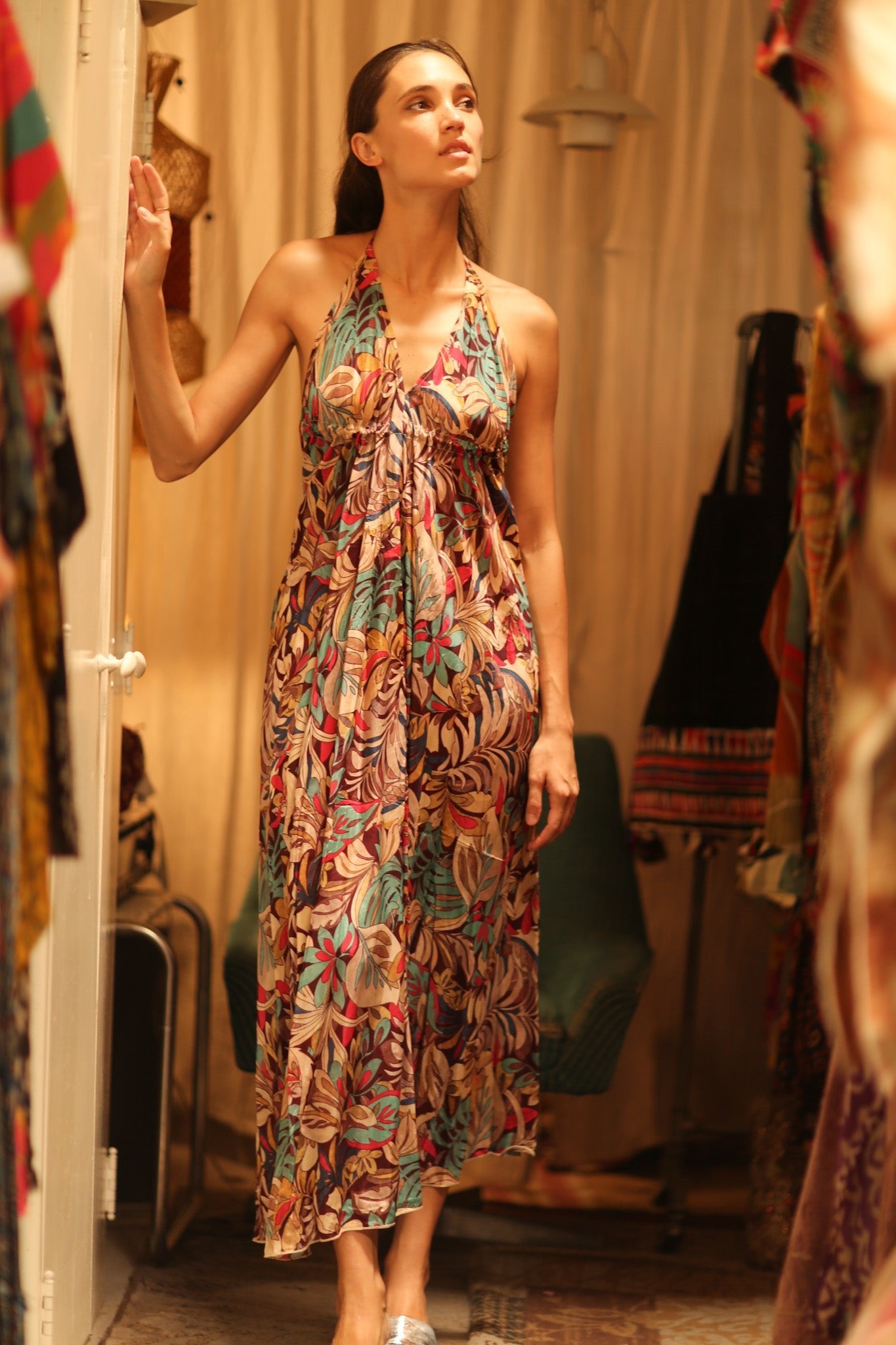 SILK STRAP DRESS HANNAH BROWN JUNGLE FEVER - BANGKOK TAILOR CLOTHING STORE - HANDMADE CLOTHING