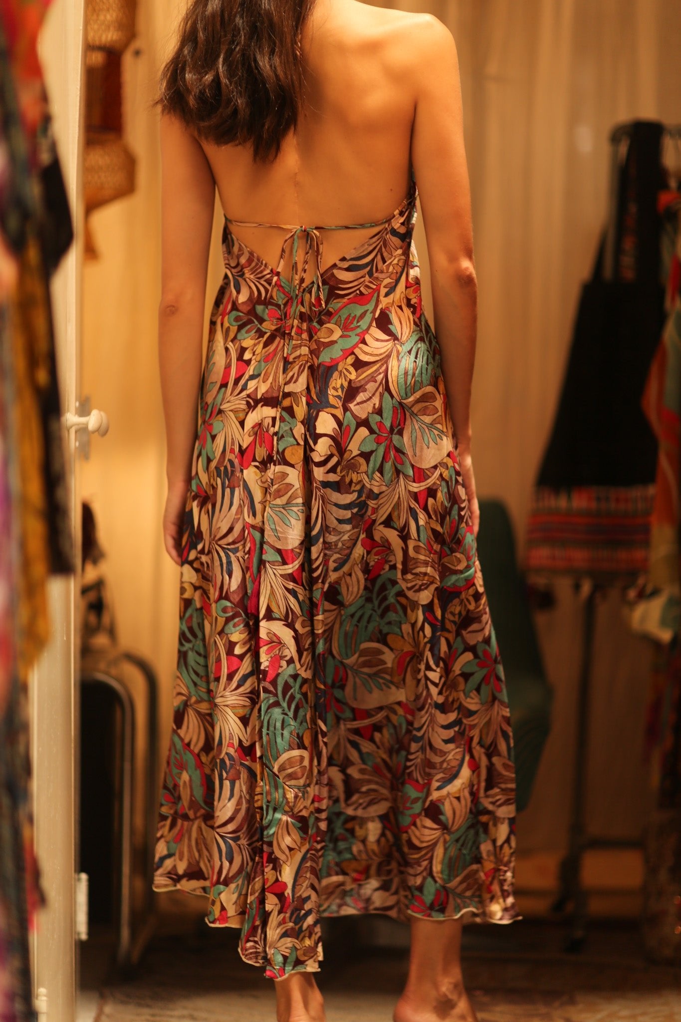 SILK STRAP DRESS HANNAH BROWN JUNGLE FEVER - BANGKOK TAILOR CLOTHING STORE - HANDMADE CLOTHING