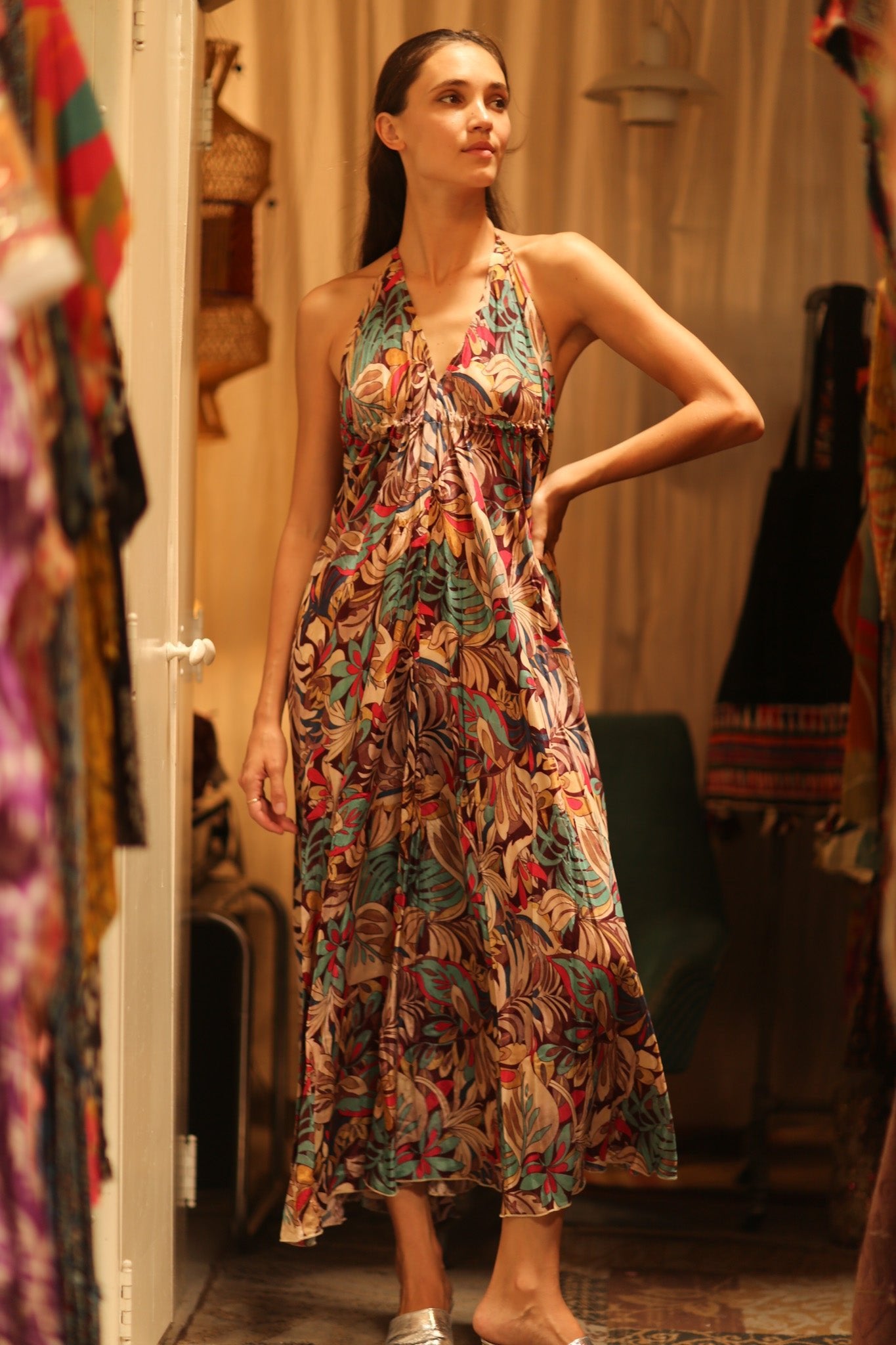 SILK STRAP DRESS HANNAH BROWN JUNGLE FEVER - BANGKOK TAILOR CLOTHING STORE - HANDMADE CLOTHING