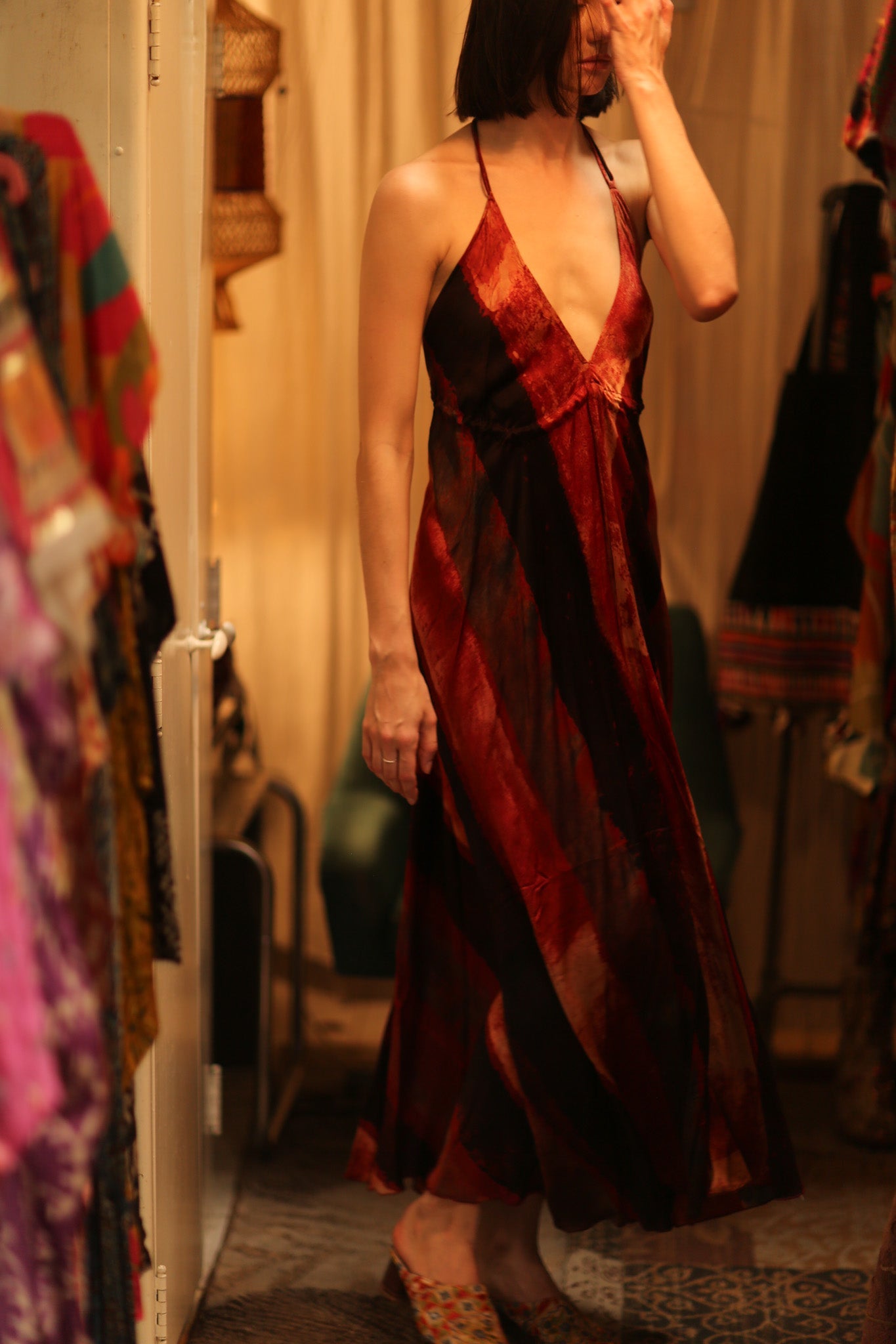 SILK SUMMER STRAP DRESS HANNAH RED STRIPE - BANGKOK TAILOR CLOTHING STORE - HANDMADE CLOTHING