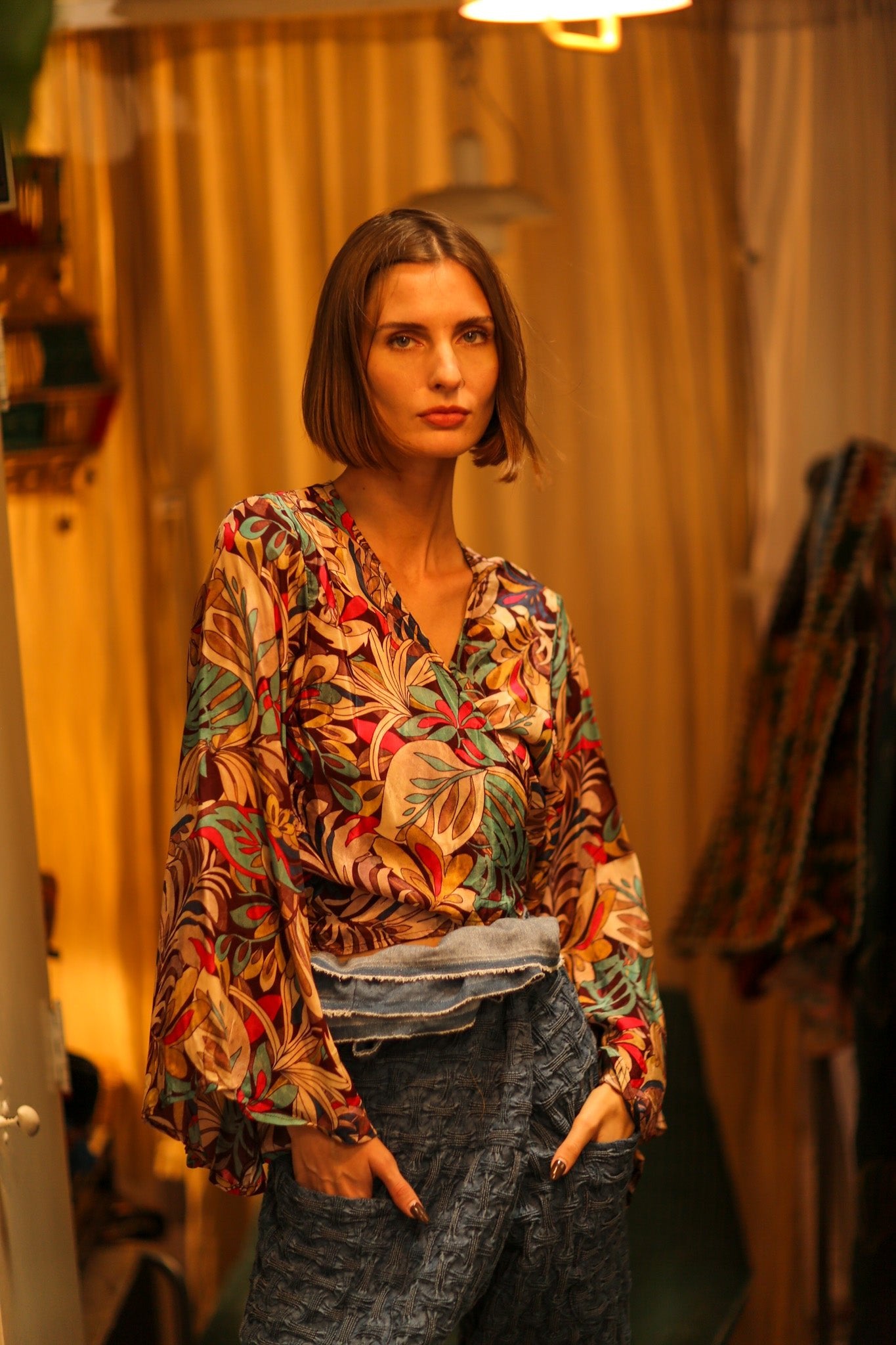 SILK WRAP TOP AVRELIA BROWN JUNGLE - BANGKOK TAILOR CLOTHING STORE - HANDMADE CLOTHING