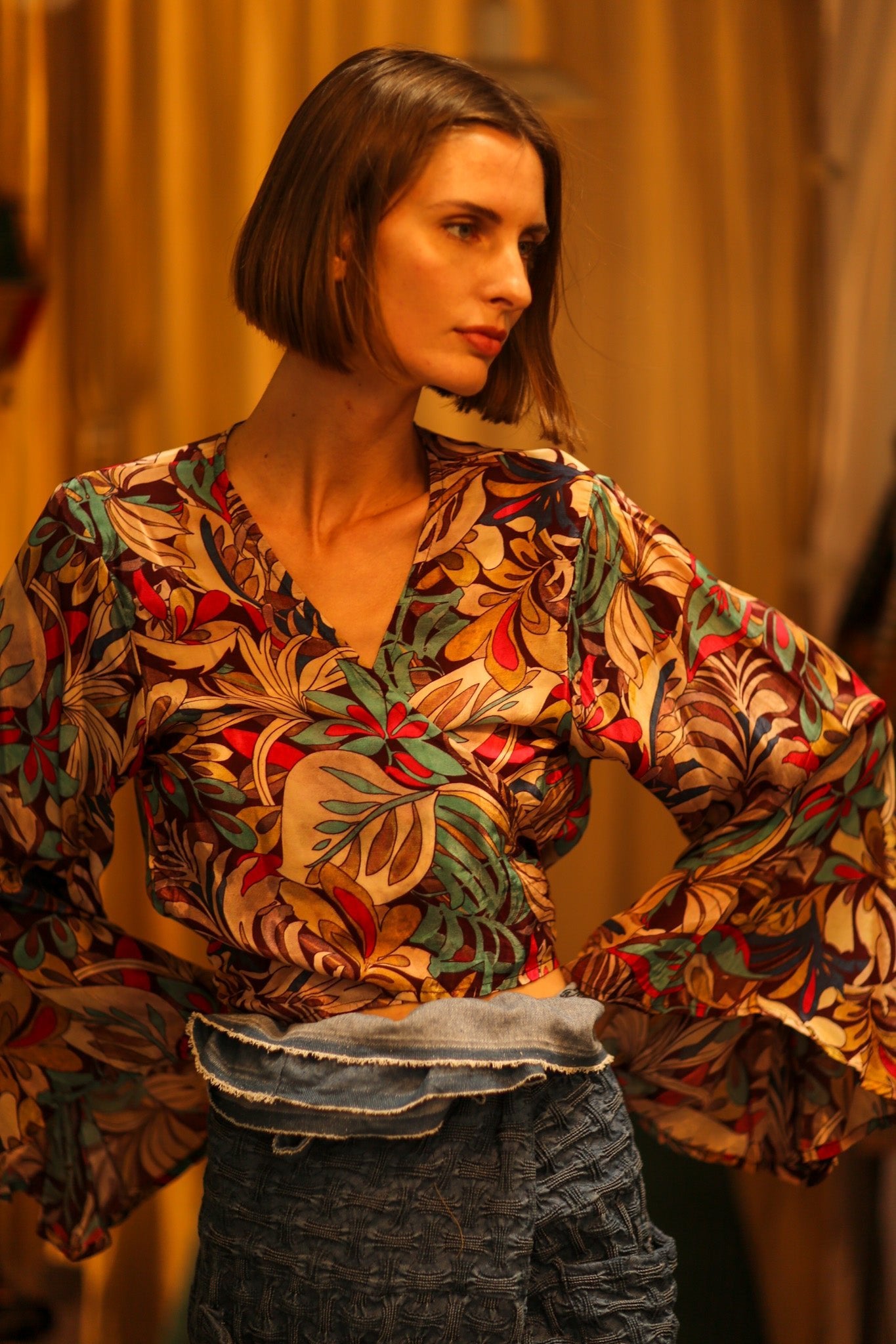 SILK WRAP TOP AVRELIA BROWN JUNGLE - BANGKOK TAILOR CLOTHING STORE - HANDMADE CLOTHING