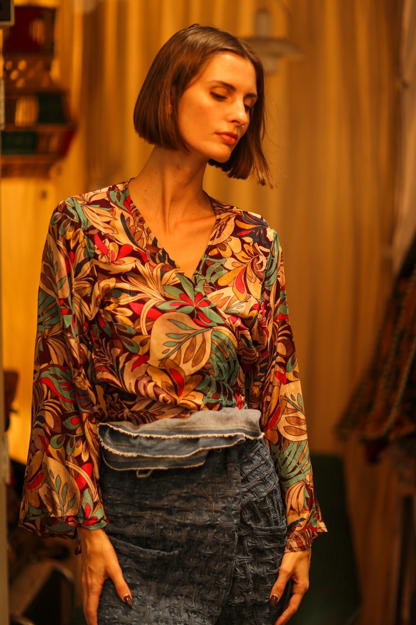 SILK WRAP TOP AVRELIA BROWN JUNGLE - BANGKOK TAILOR CLOTHING STORE - HANDMADE CLOTHING