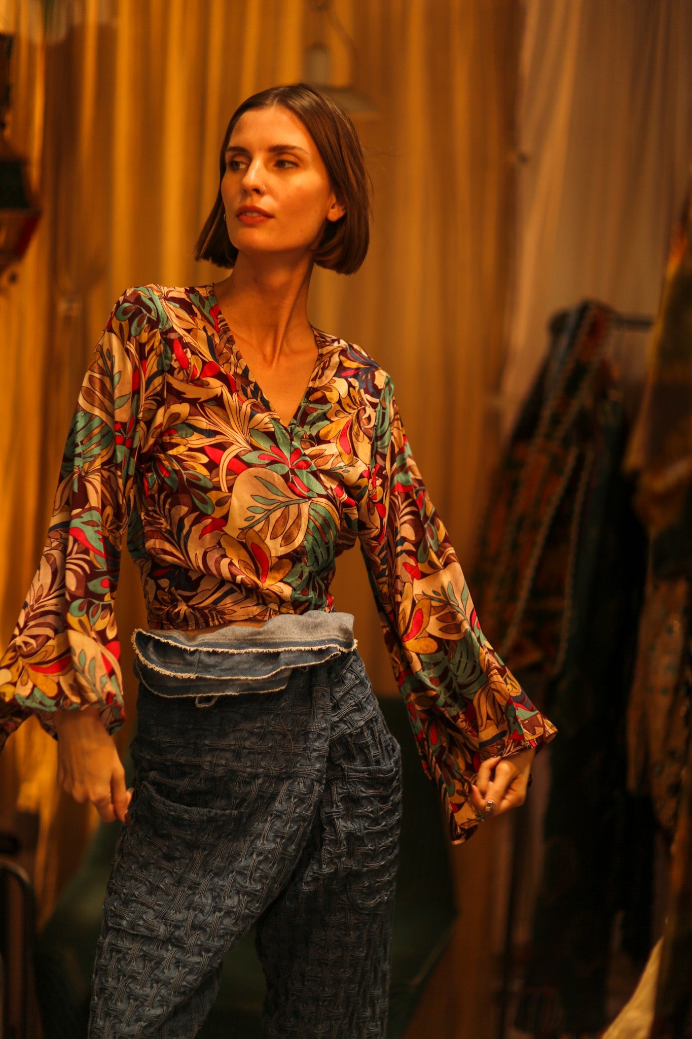 SILK WRAP TOP AVRELIA BROWN JUNGLE - BANGKOK TAILOR CLOTHING STORE - HANDMADE CLOTHING