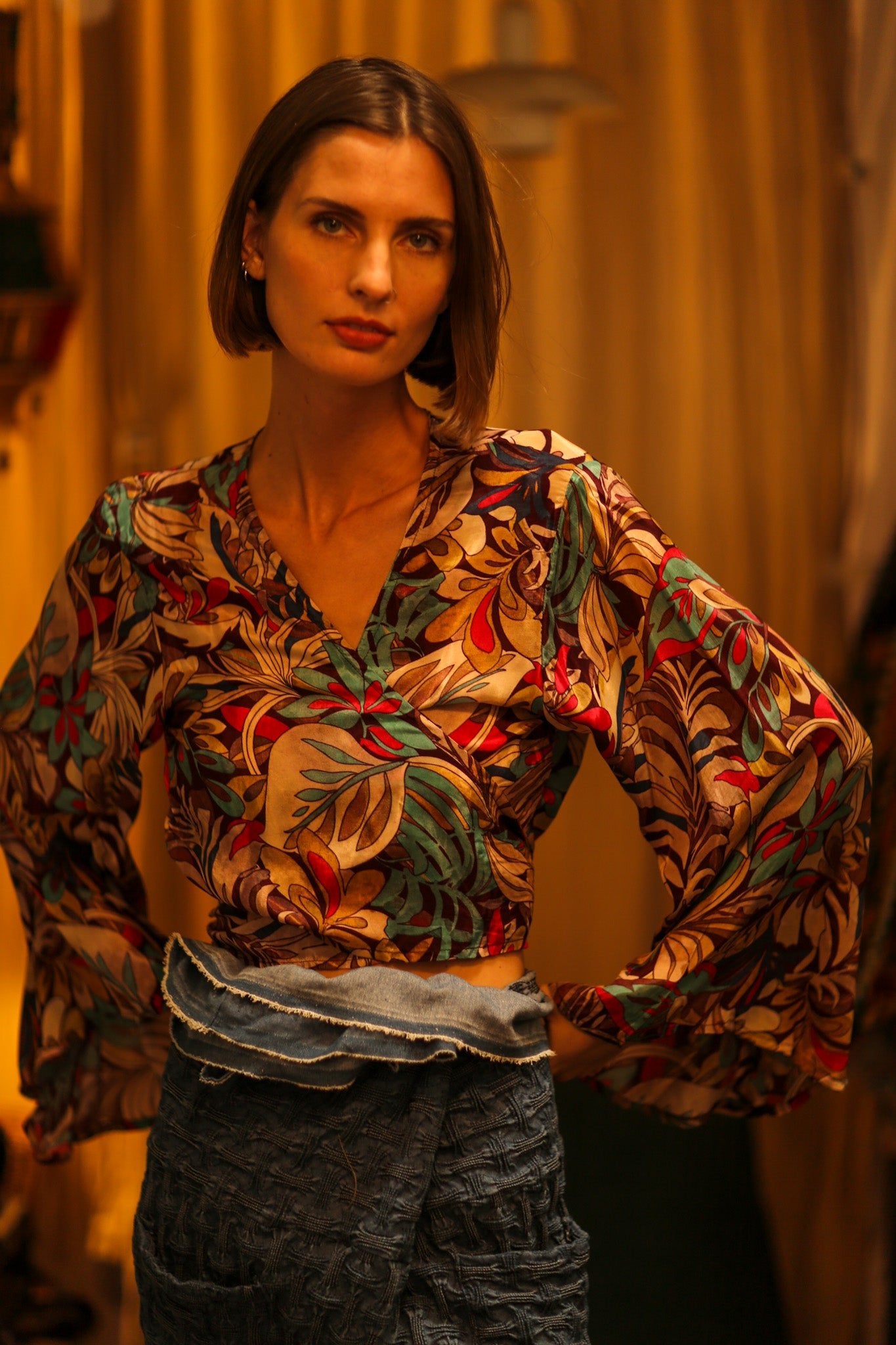 SILK WRAP TOP AVRELIA BROWN JUNGLE - BANGKOK TAILOR CLOTHING STORE - HANDMADE CLOTHING