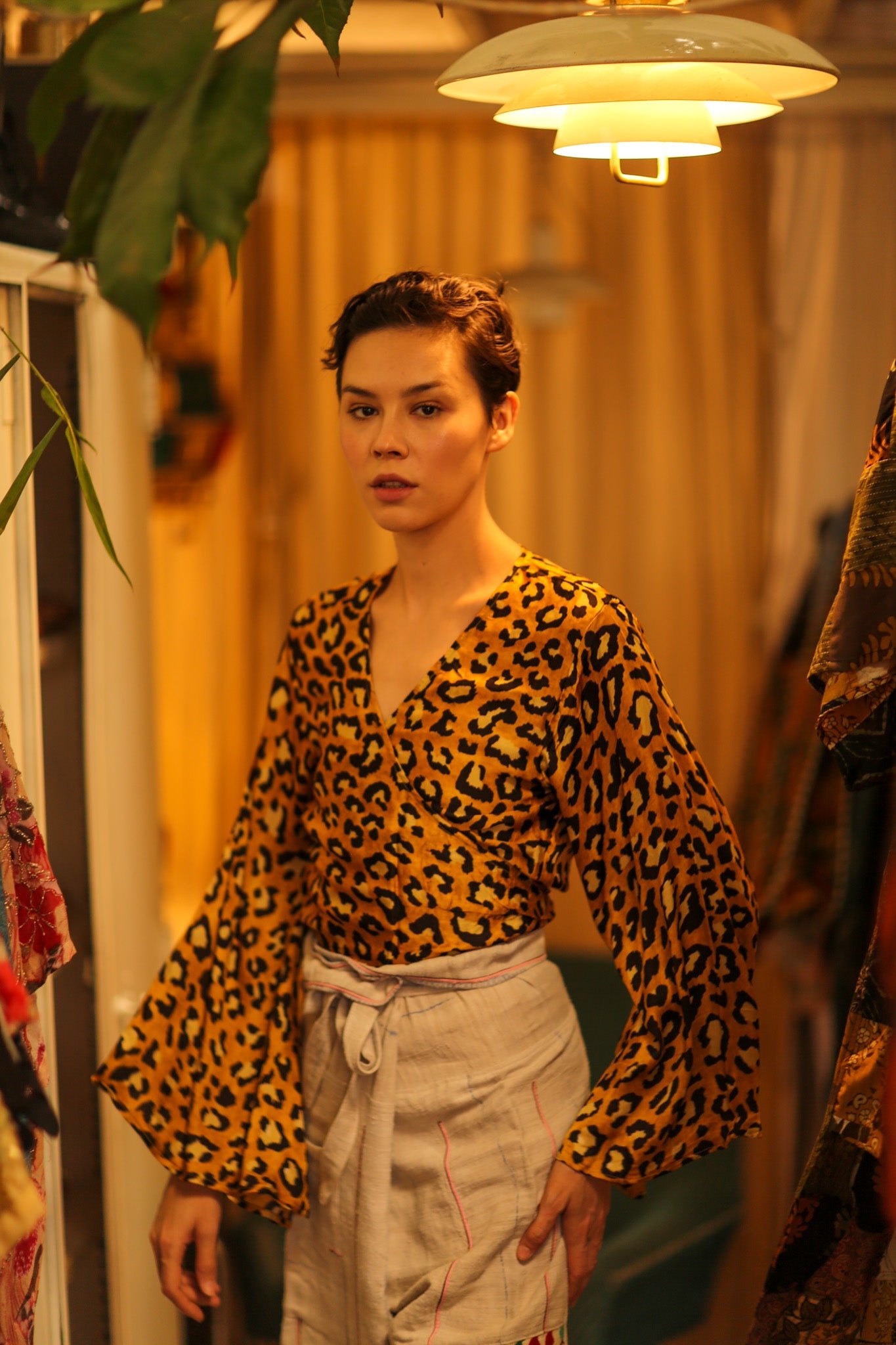 SILK WRAP TOP AVRELIA DARK YELLOW LEOPARD - BANGKOK TAILOR CLOTHING STORE - HANDMADE CLOTHING