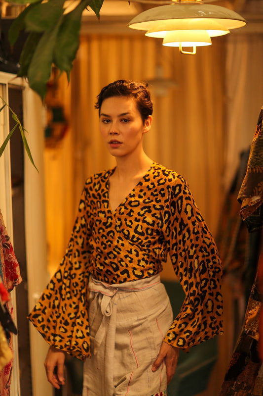 SILK WRAP TOP AVRELIA DARK YELLOW LEOPARD - BANGKOK TAILOR CLOTHING STORE - HANDMADE CLOTHING