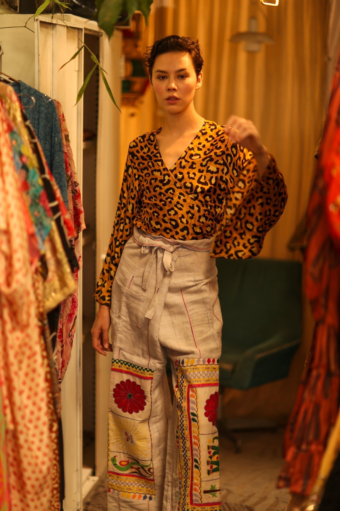 SILK WRAP TOP AVRELIA DARK YELLOW LEOPARD - BANGKOK TAILOR CLOTHING STORE - HANDMADE CLOTHING