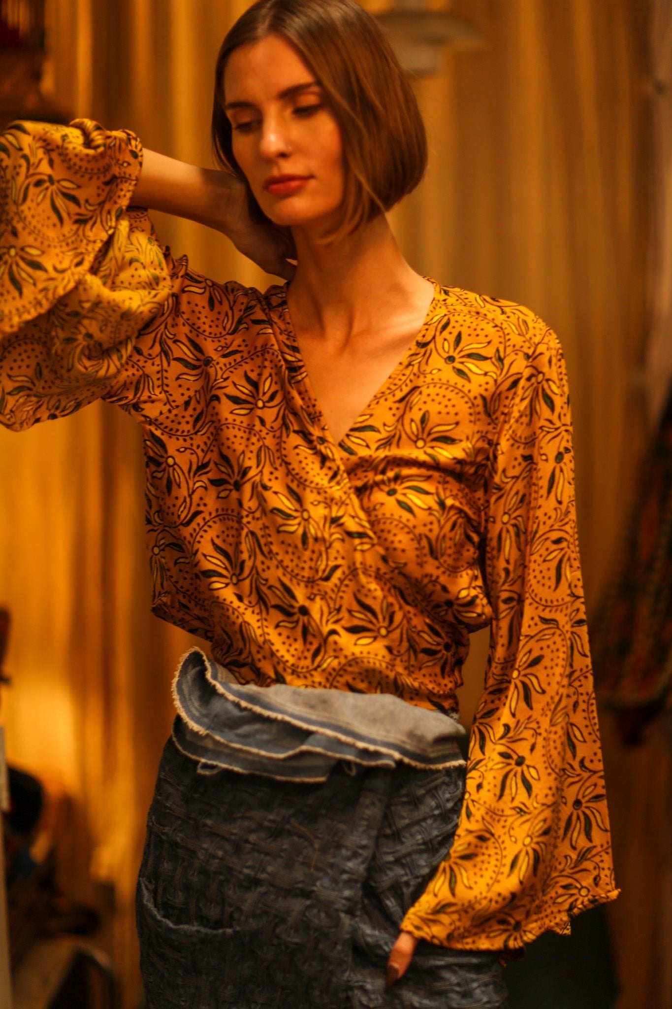 SILK WRAP TOP AVRELIA GOLDEN YELLOW - BANGKOK TAILOR CLOTHING STORE - HANDMADE CLOTHING