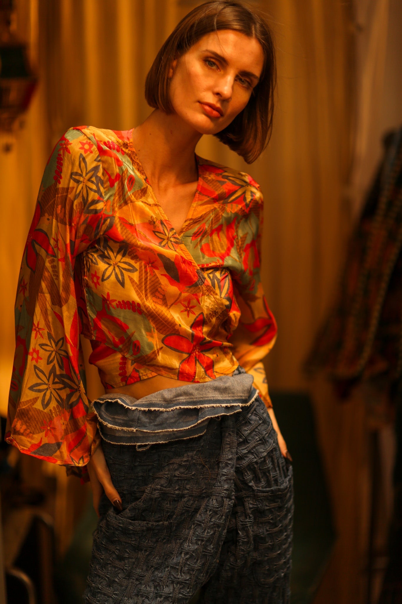 SILK WRAP TOP AVRELIA LITTLE FLOWER - BANGKOK TAILOR CLOTHING STORE - HANDMADE CLOTHING