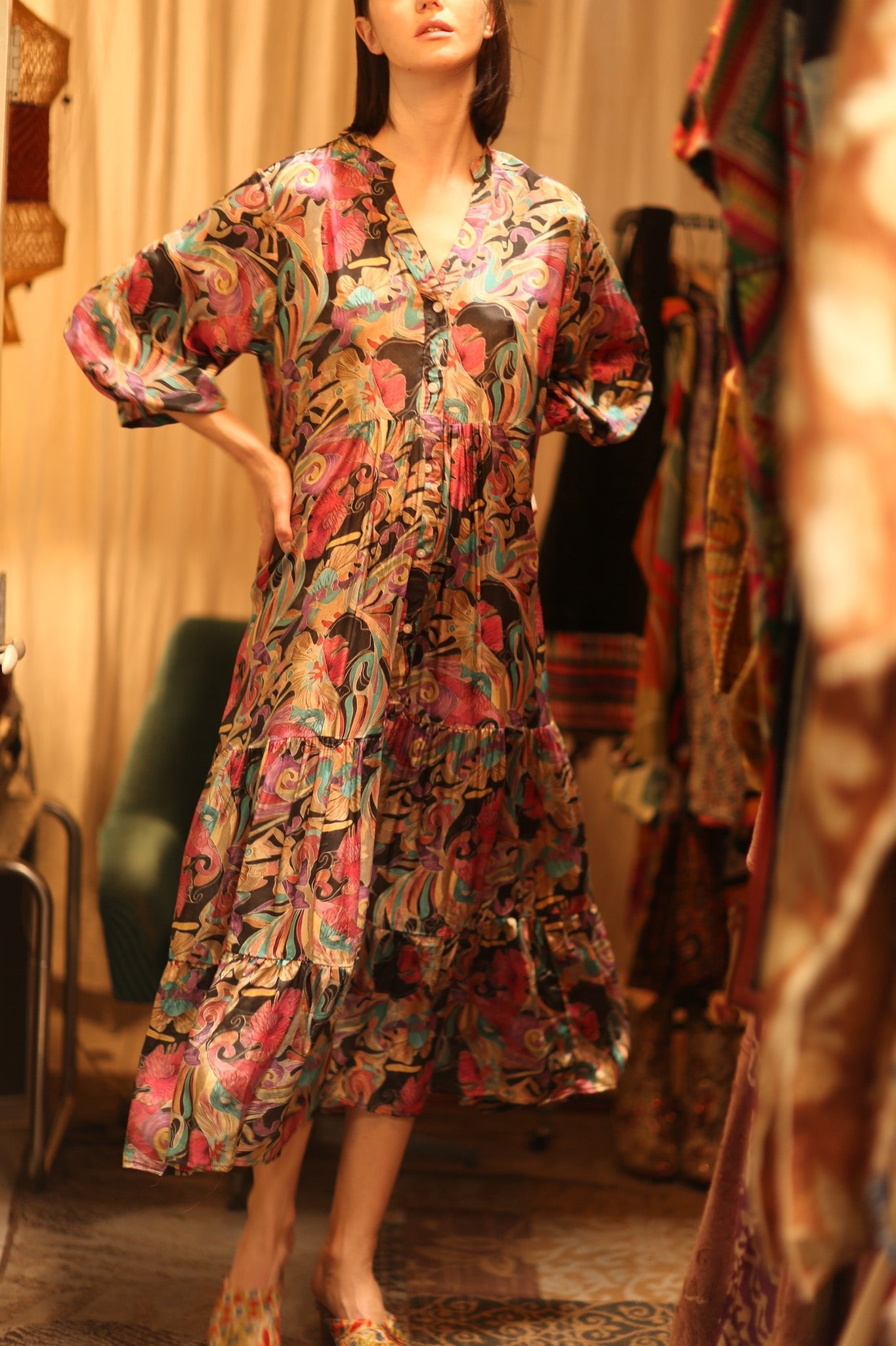 SUSIE SILK DRESS BLACK JUNGLE FEVER - BANGKOK TAILOR CLOTHING STORE - HANDMADE CLOTHING