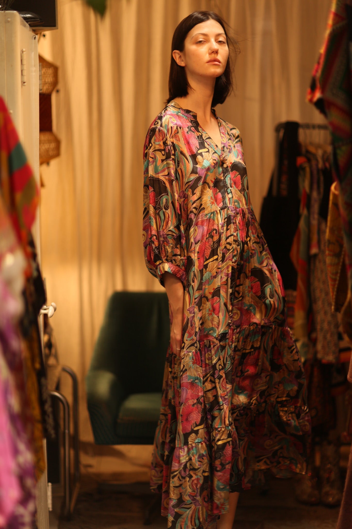 SUSIE SILK DRESS BLACK JUNGLE FEVER - BANGKOK TAILOR CLOTHING STORE - HANDMADE CLOTHING