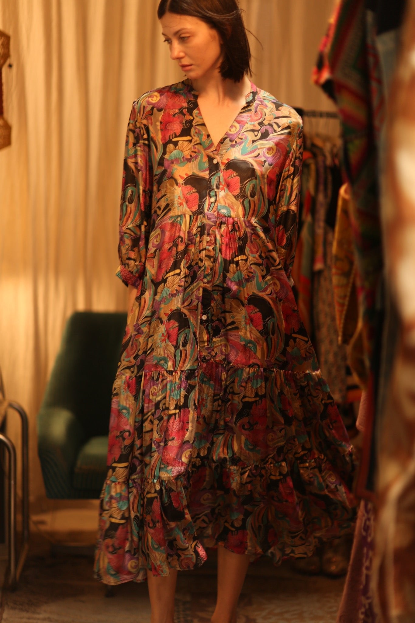 SUSIE SILK DRESS BLACK JUNGLE FEVER - BANGKOK TAILOR CLOTHING STORE - HANDMADE CLOTHING