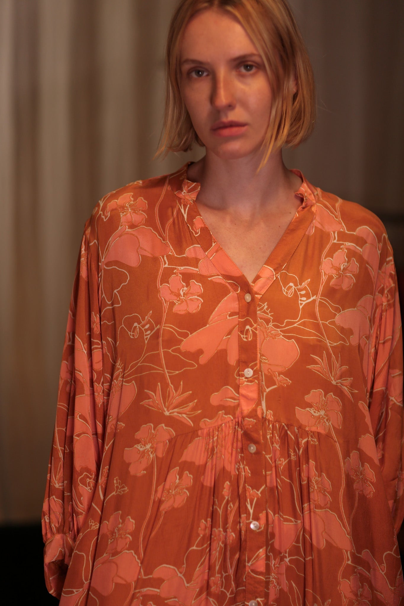 SUSIE SILK DRESS ORANGE FLOWER - BANGKOK TAILOR CLOTHING STORE - HANDMADE CLOTHING