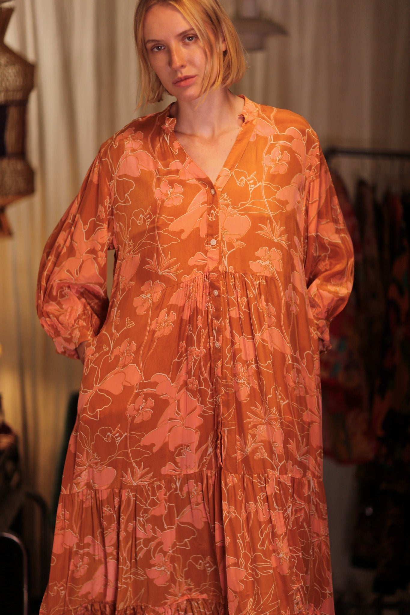 SUSIE SILK DRESS ORANGE FLOWER - BANGKOK TAILOR CLOTHING STORE - HANDMADE CLOTHING