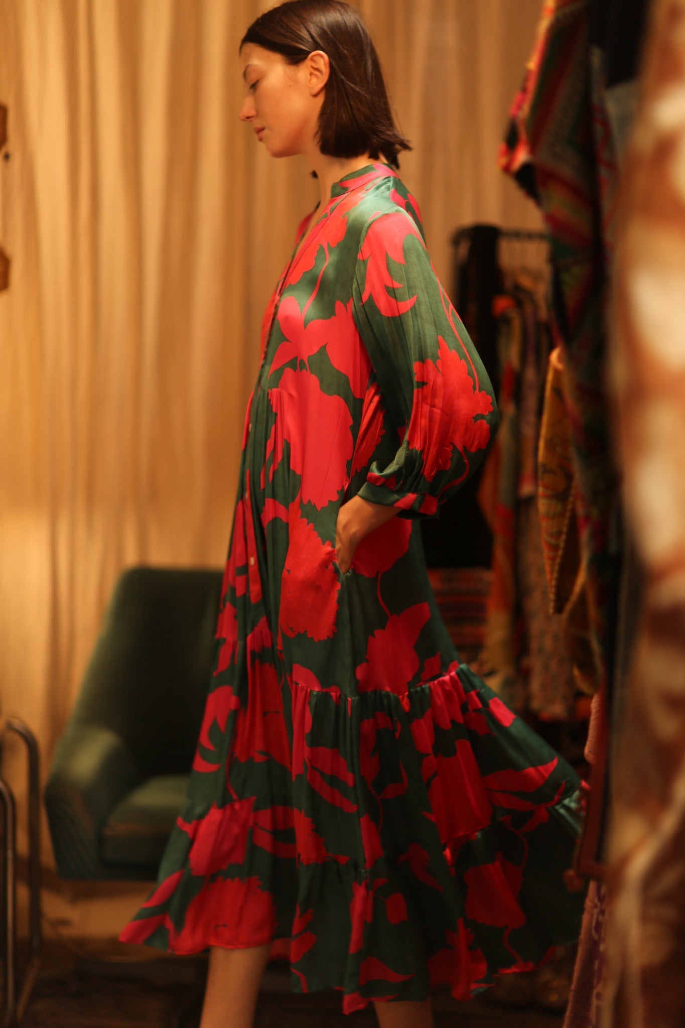 SUSIE SILK DRESS VERMILION VINES - BANGKOK TAILOR CLOTHING STORE - HANDMADE CLOTHING