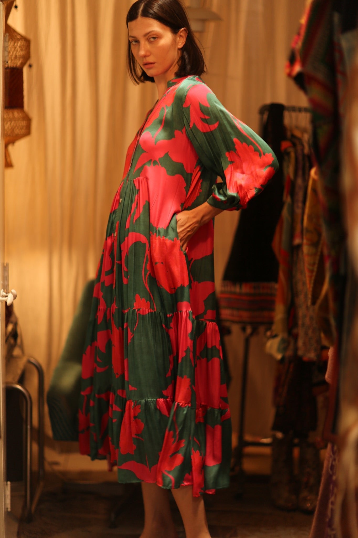 SUSIE SILK DRESS VERMILION VINES - BANGKOK TAILOR CLOTHING STORE - HANDMADE CLOTHING
