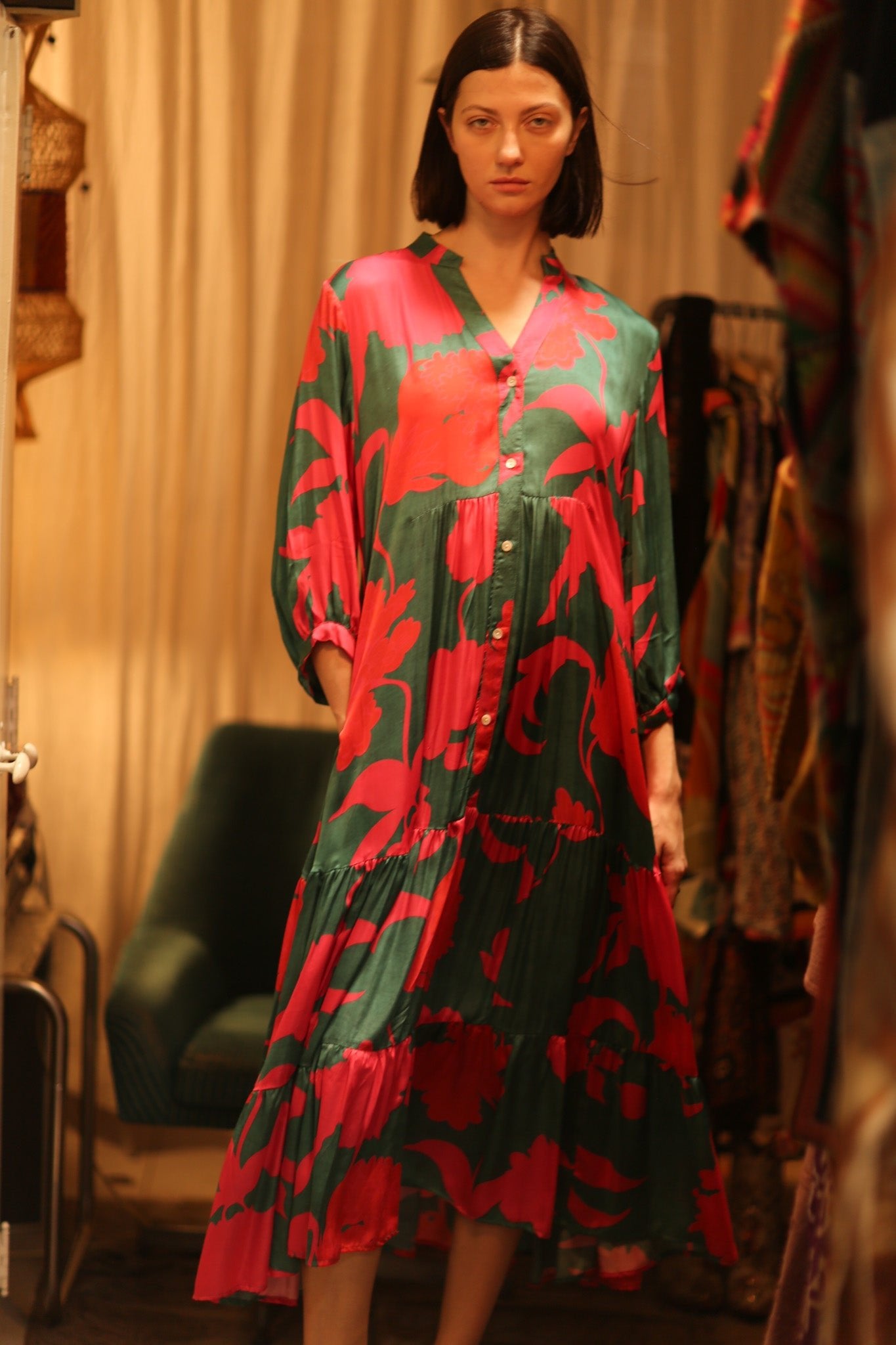 SUSIE SILK DRESS VERMILION VINES - BANGKOK TAILOR CLOTHING STORE - HANDMADE CLOTHING