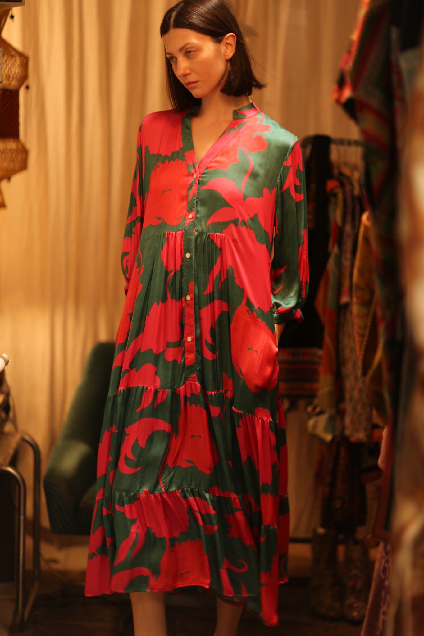 SUSIE SILK DRESS VERMILION VINES - BANGKOK TAILOR CLOTHING STORE - HANDMADE CLOTHING
