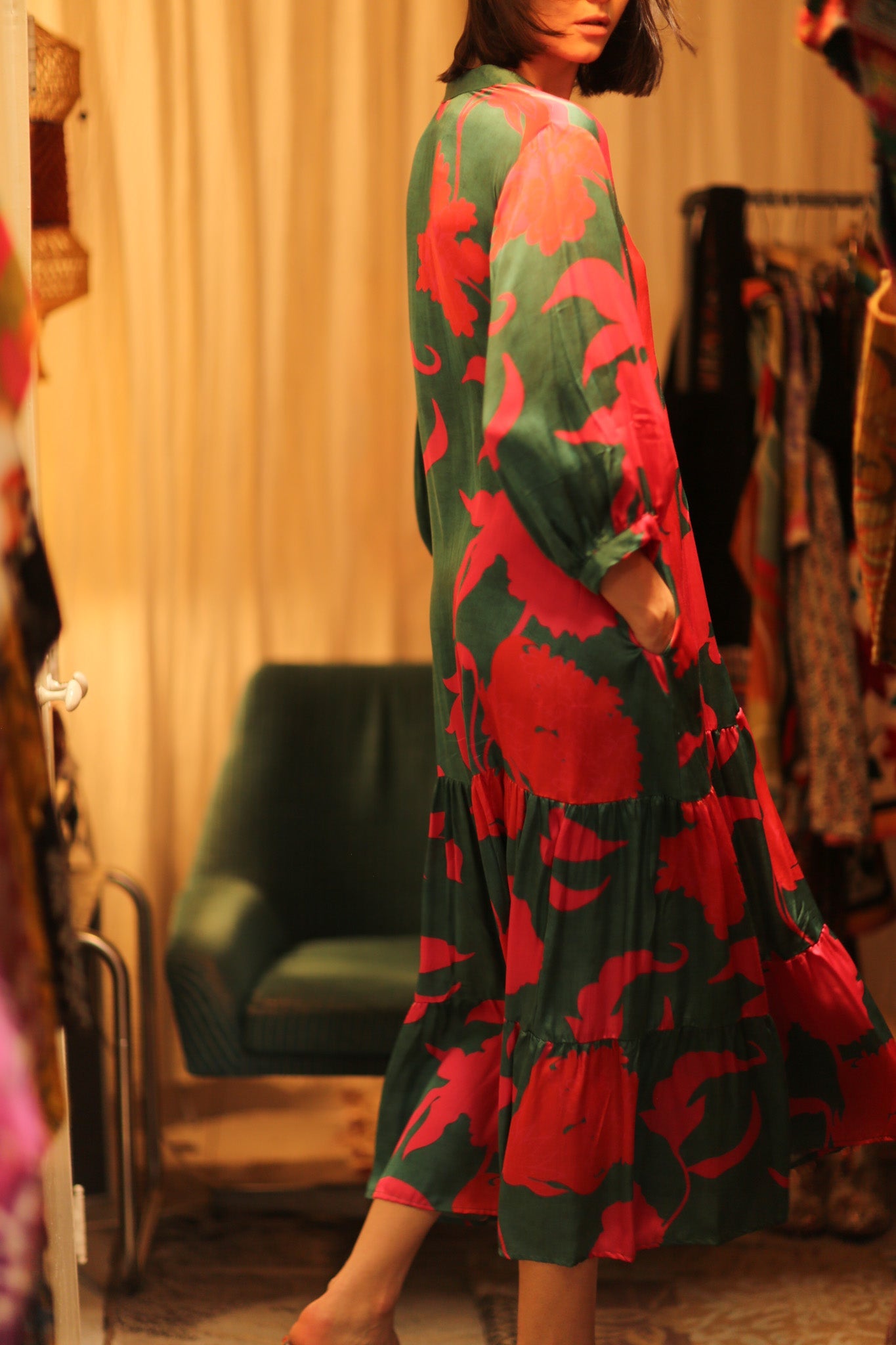 SUSIE SILK DRESS VERMILION VINES - BANGKOK TAILOR CLOTHING STORE - HANDMADE CLOTHING