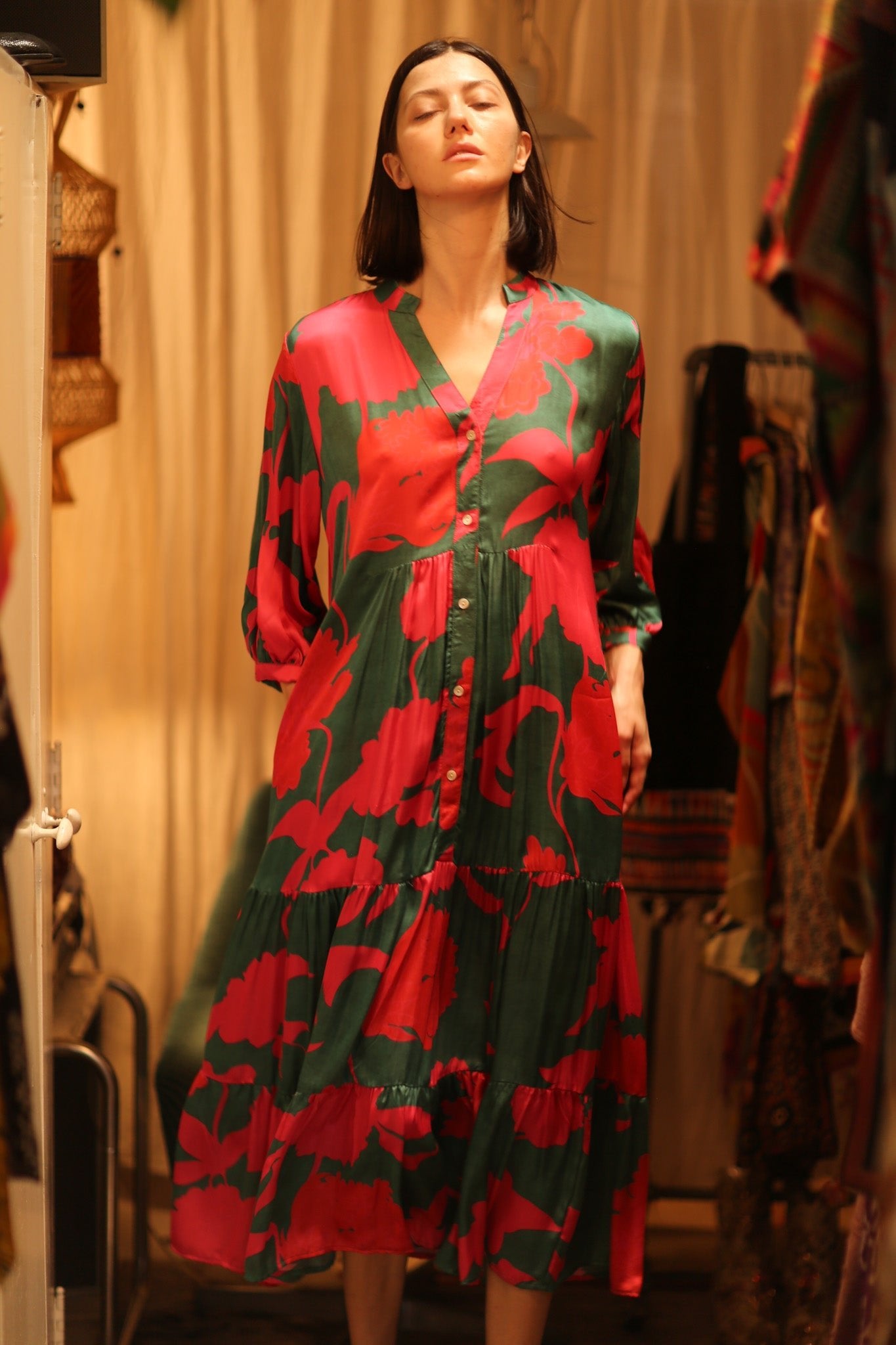 SUSIE SILK DRESS VERMILION VINES - BANGKOK TAILOR CLOTHING STORE - HANDMADE CLOTHING