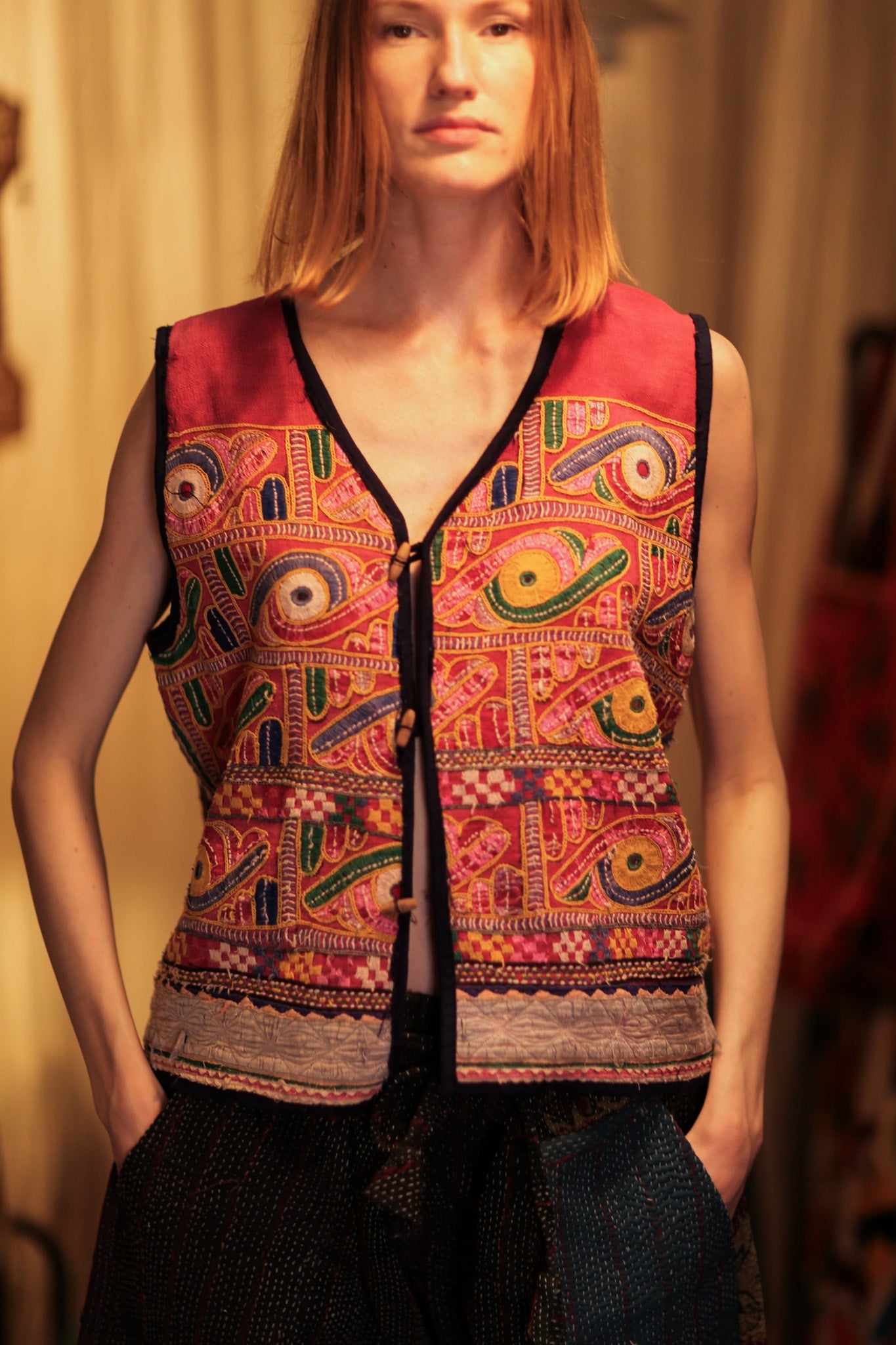 TENZIN EMBROIDERED INDIAN GILET FUCHSIA - BANGKOK TAILOR CLOTHING STORE - HANDMADE CLOTHING