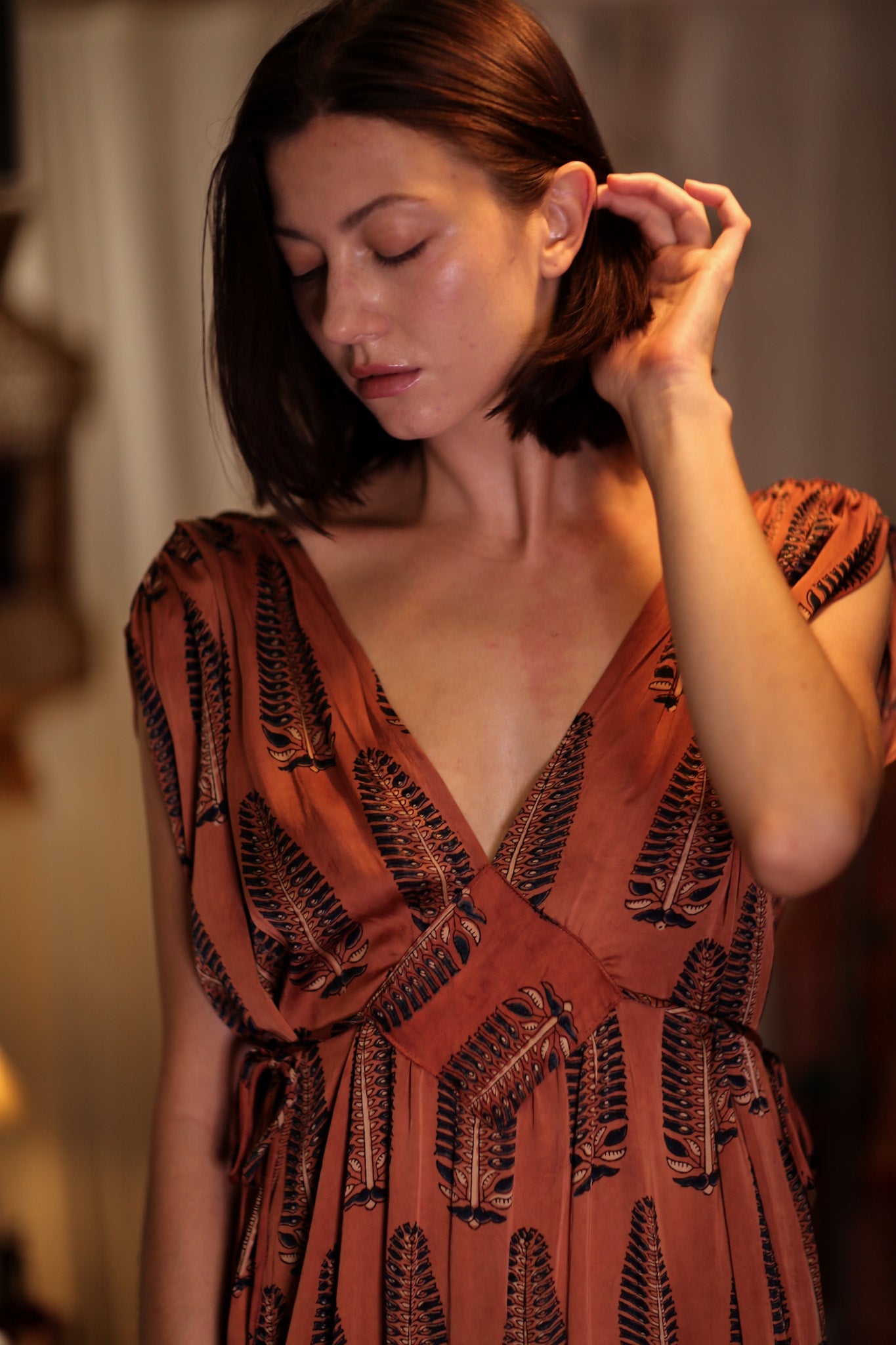 VICTORIA SILK DRESS BROWN FEATHER - BANGKOK TAILOR CLOTHING STORE - HANDMADE CLOTHING