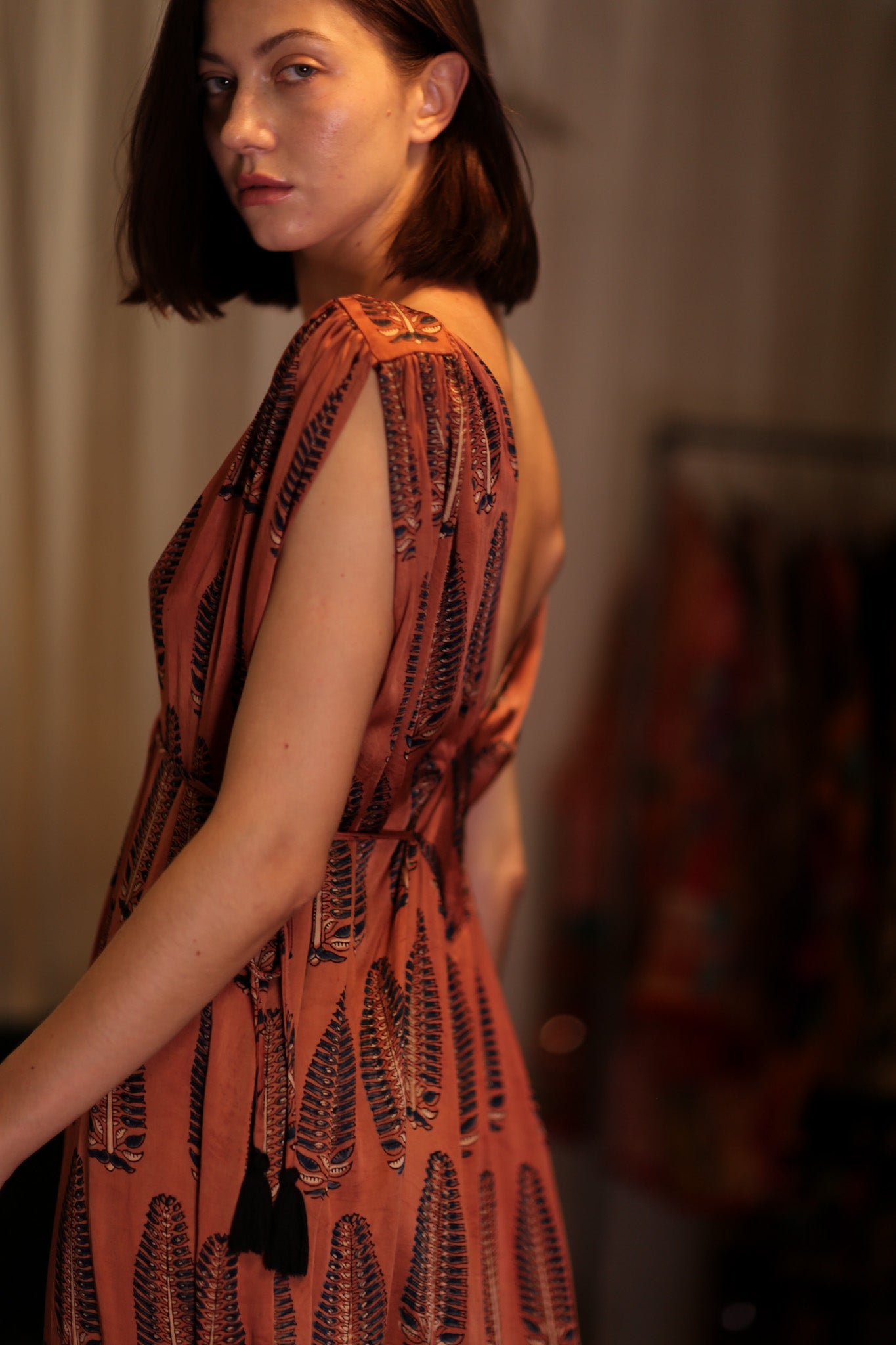 VICTORIA SILK DRESS BROWN FEATHER - BANGKOK TAILOR CLOTHING STORE - HANDMADE CLOTHING