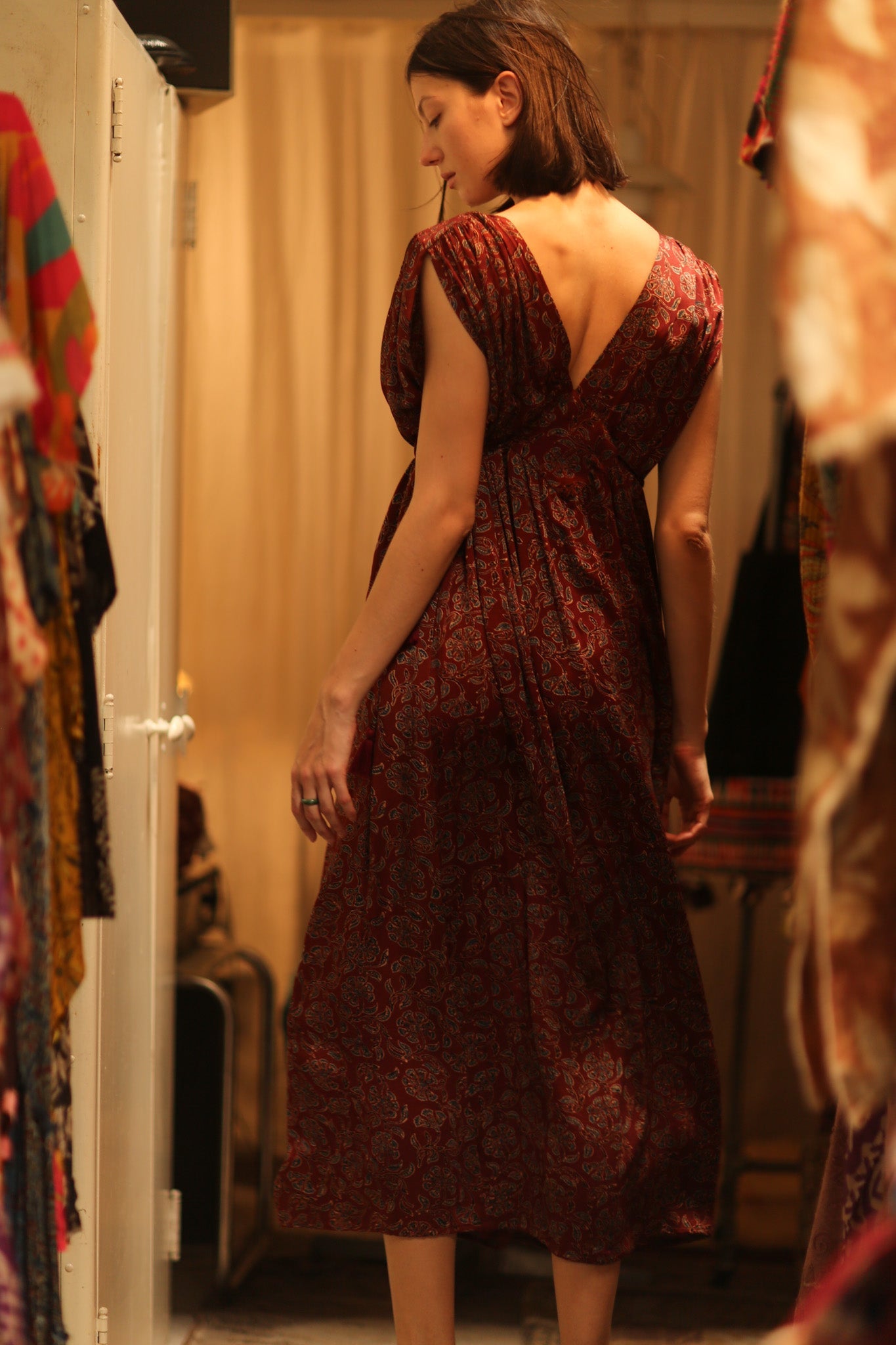 VICTORIA SILK DRESS FLORAL DECO BURGUNDY - BANGKOK TAILOR CLOTHING STORE - HANDMADE CLOTHING